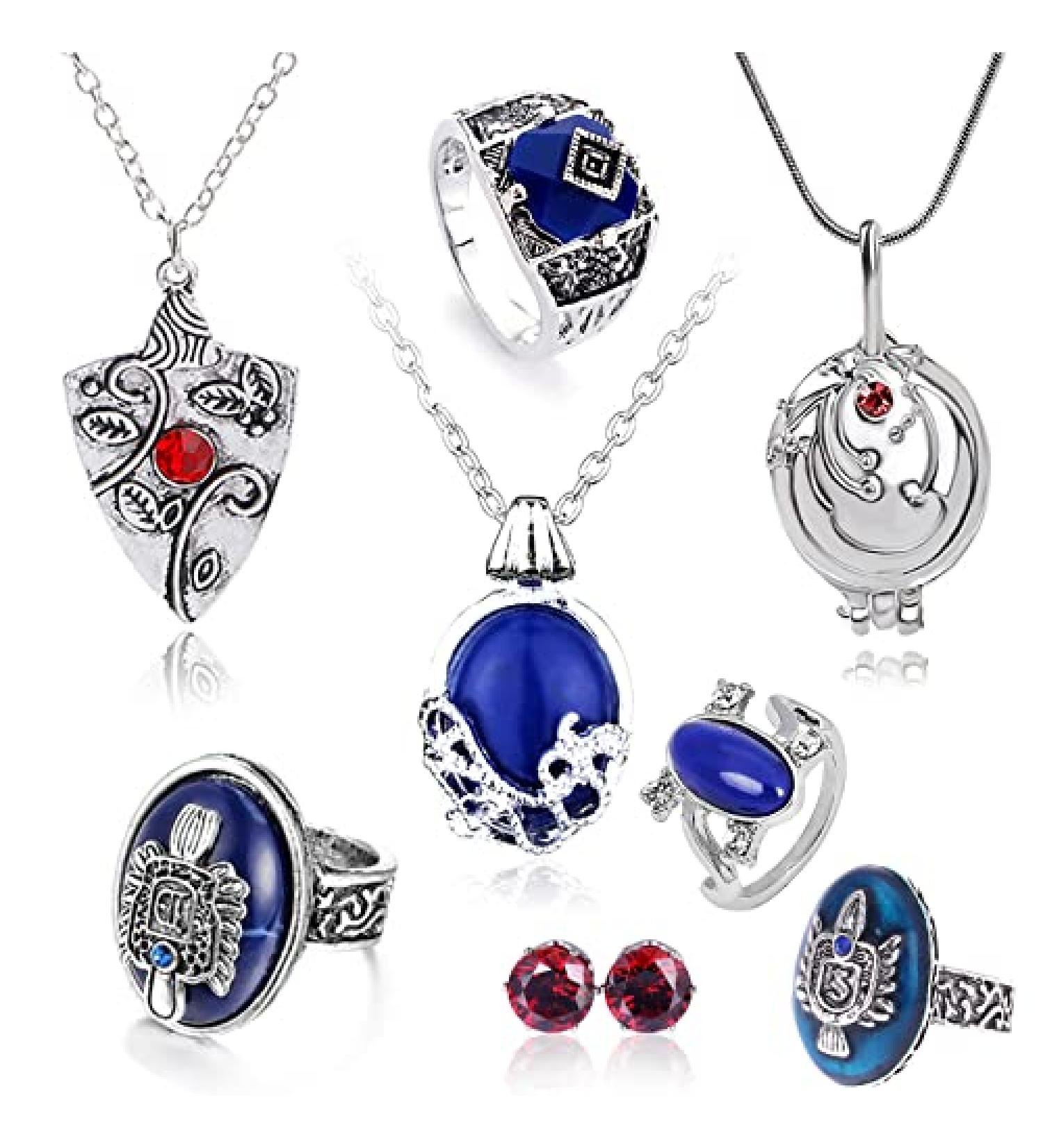 Vampire Diaries Jewelry Set: Daywalking Katherine Sapphire Locket, Elena Gilbert Necklace, Bonnie Necklace, Salvatore Family Crest Ring, Diamond Stud Earrings - 8 pcs - Buy Online on GoSupps.com