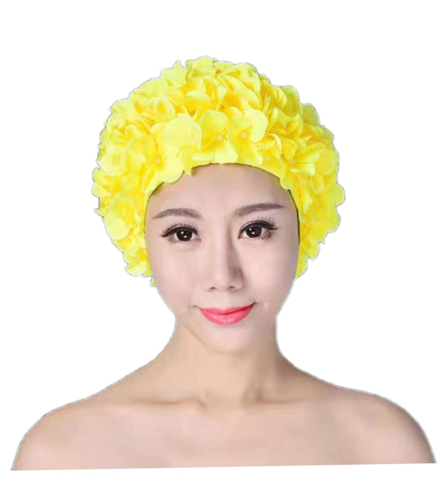 Yellow Floral Women's Swim Cap | Breathable Swimming Hat for Fashionable Women - Buy Online on GoSupps.com