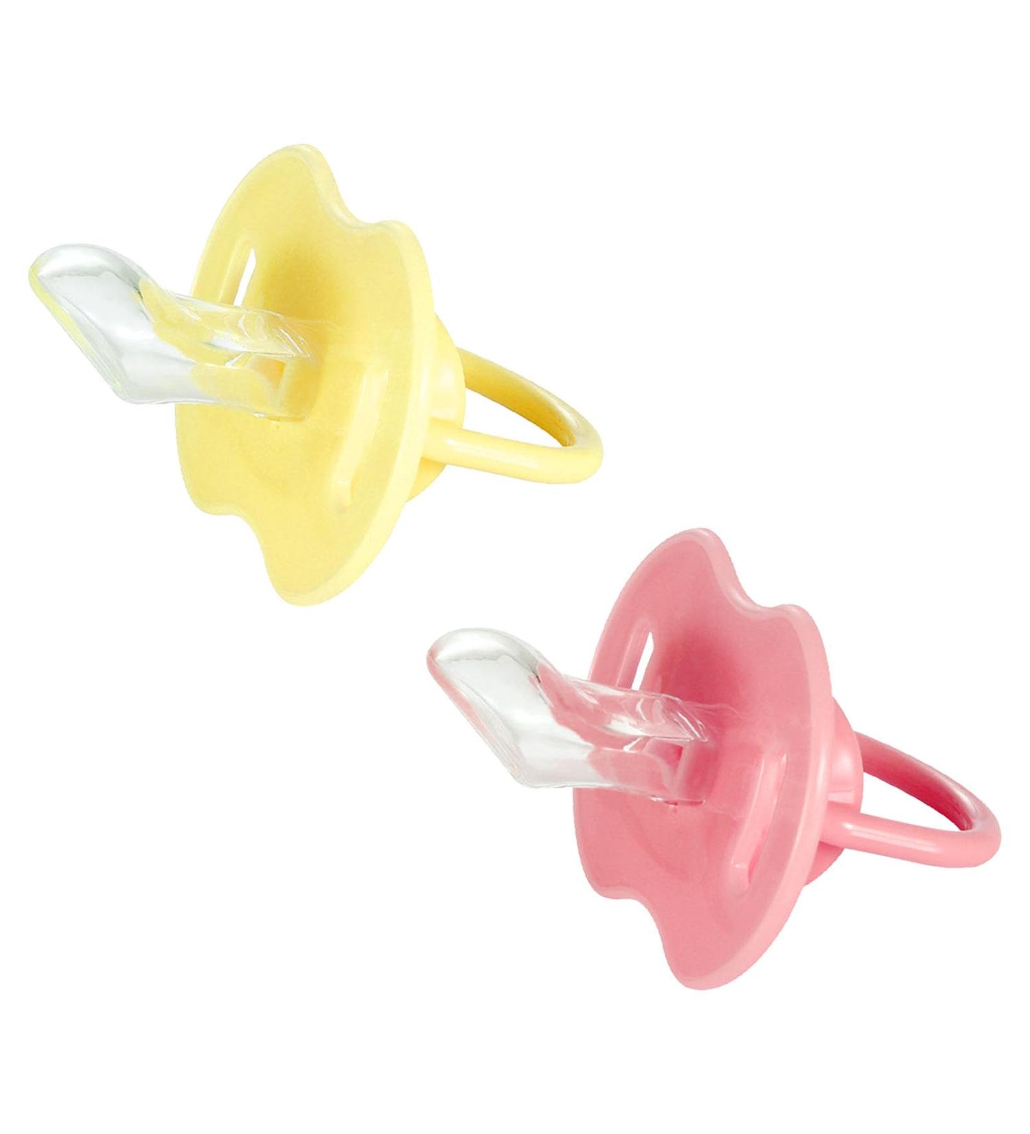 Silicone Pacifier Set for Babies Soft BPA-Free Knobbed Design Dustproof Cover 0-18 Months - Yellow & Pink - 2 Pack - Buy Online on GoSupps.com