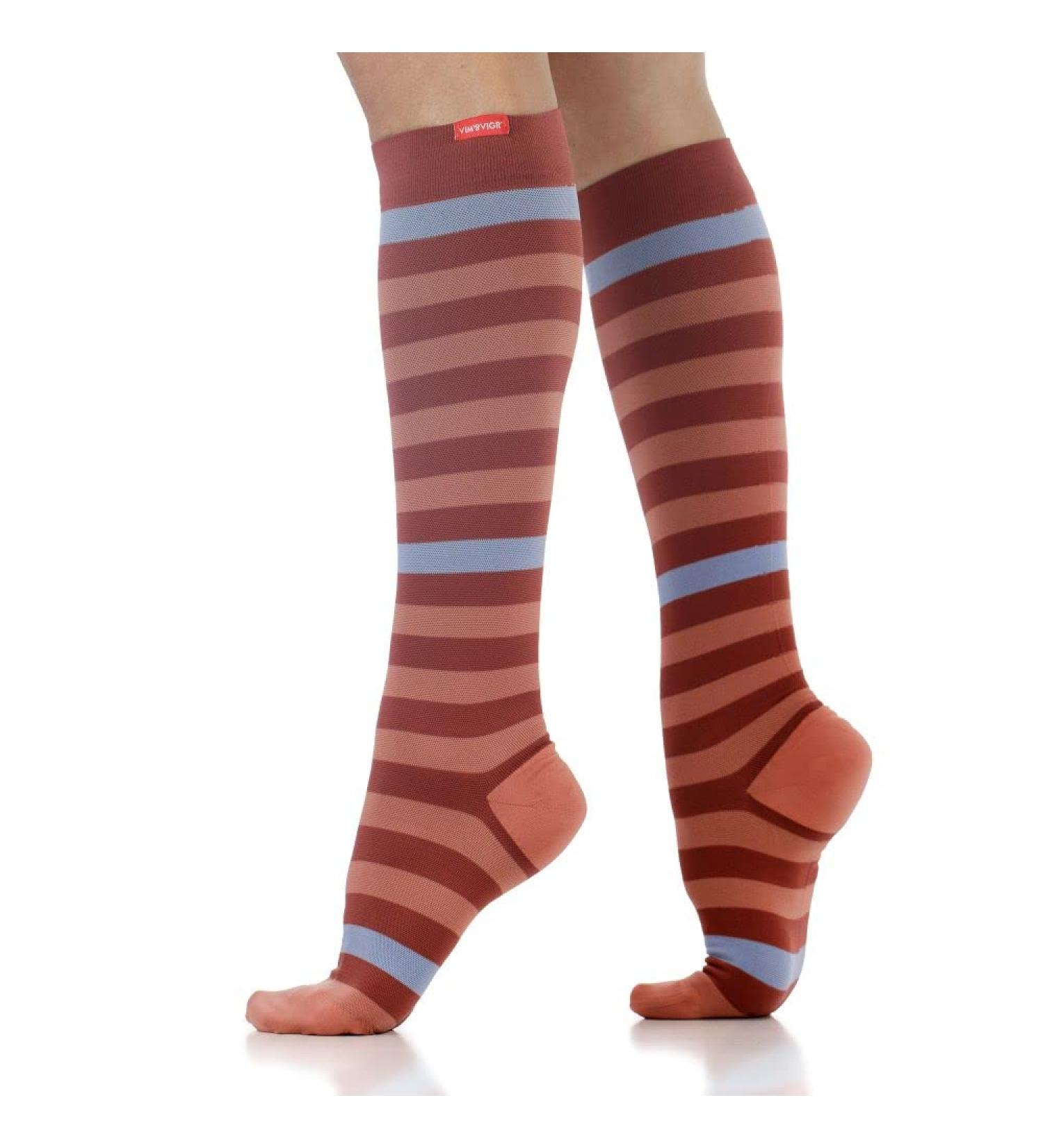 VIM & VIGR Nylon Compression Socks 15-20 mmHg - Rust & Salmon Thick Stripe Large/X-Large Wide Calf - Best for Travel & Health - Buy Online on GoSupps.com