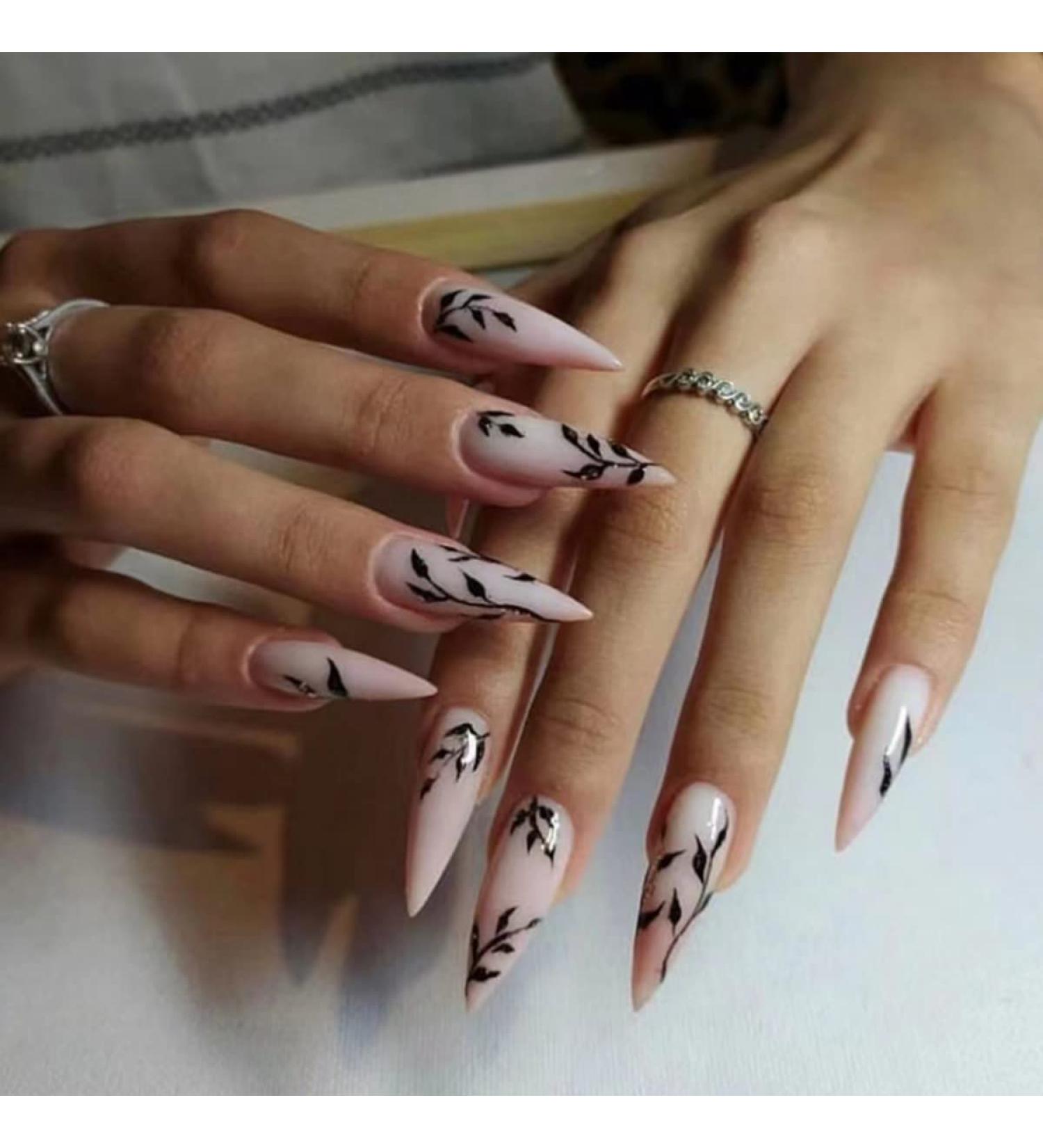 Justotry 24 Pcs Long Nude French Stiletto Fake Nails with Bamboo Patterns - Almond Stick on Nails for Women | Extra Long False Nails with Glue for Nail Art - Buy Online on GoSupps.com