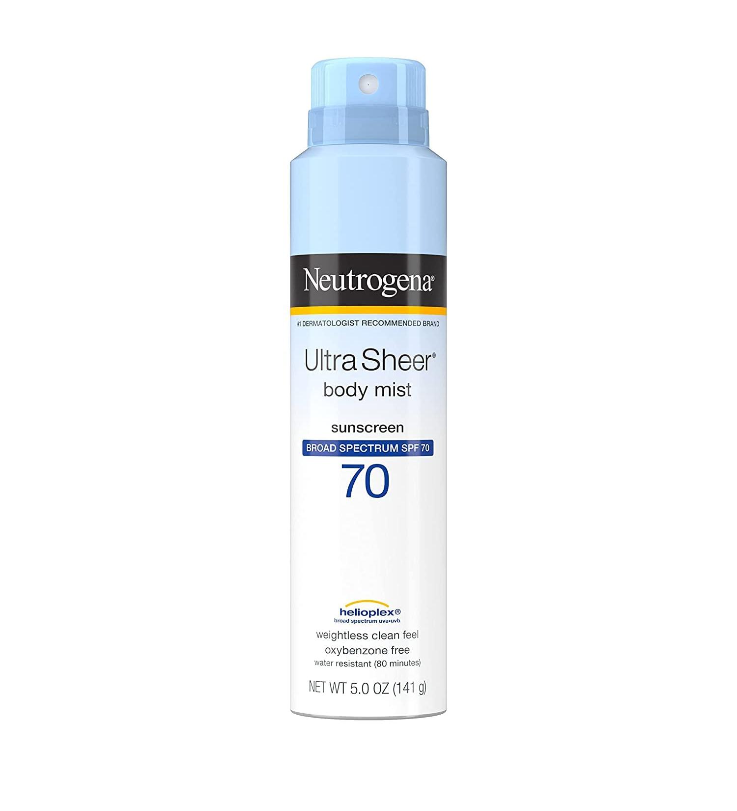 Neutrogena Ultra Sheer Body Mist Sunscreen Spray Broad Spectrum SPF 70 Lightweight Non-Greasy & Water Resistant Oil-Free & Non-Comedogenic UVA/UVB Sunscreen Mist 5 oz