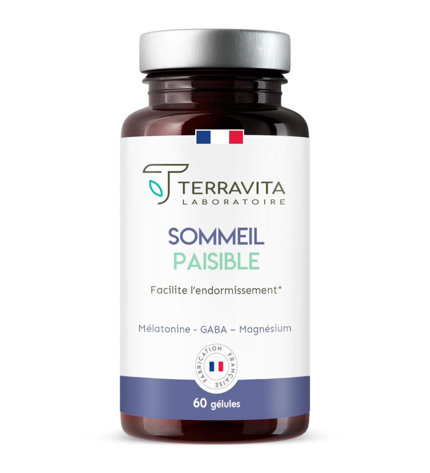 Peaceful Sleep | Melatonin 1.9mg + GABA + Magnesium Bisglycinate + Vita B6 | Anti Stress for Fast Sleep and a Repairing Sleep | 60 Vegetable Capsules | Made in France Terravita - Buy Online on GoSupps.com