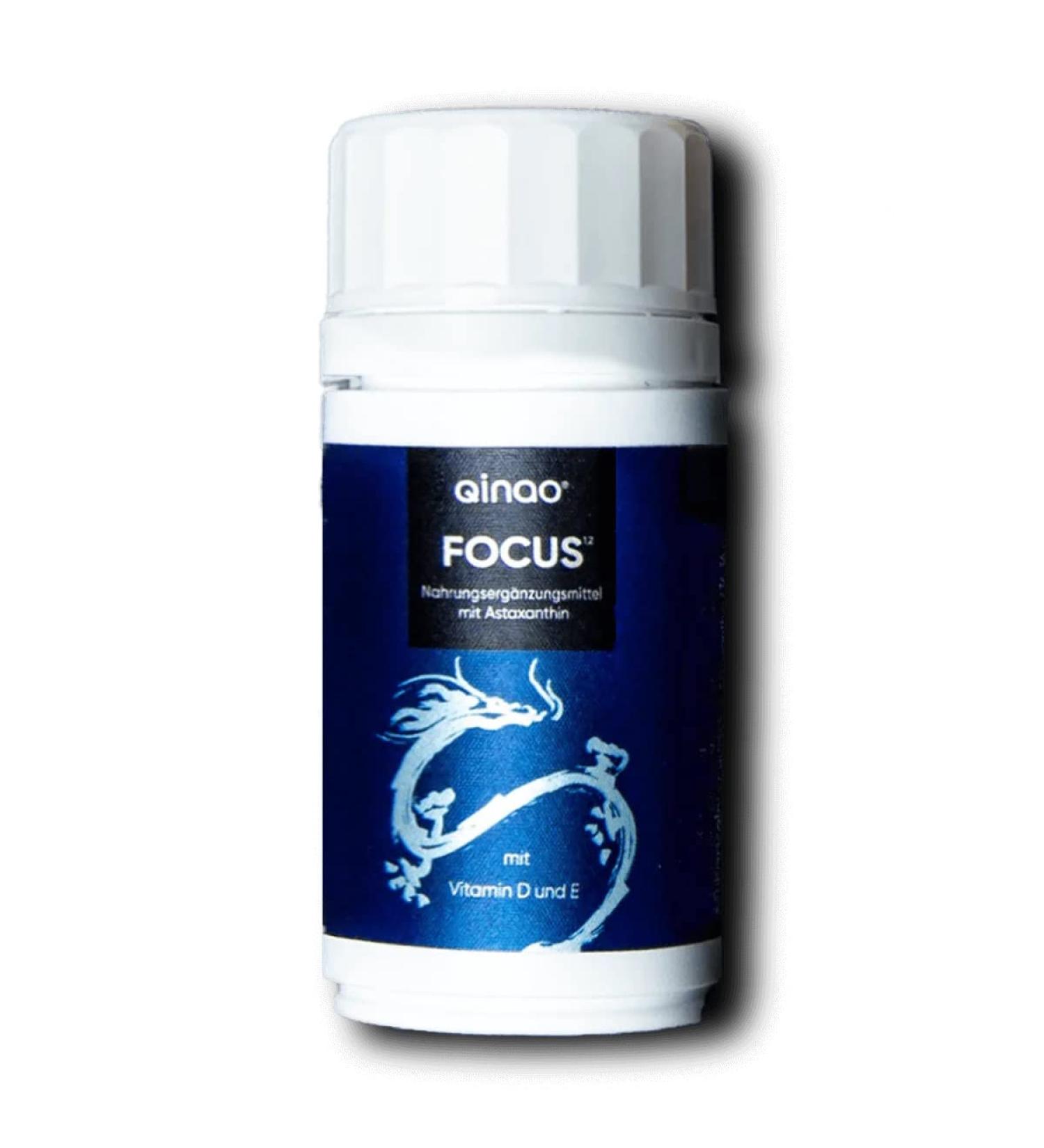 Qinao Focus Bottle 60 Dragees | Brainfood for Concentration | Natural Astaxanthin | High Bioavailability | Made in Germany - Buy Online on GoSupps.com