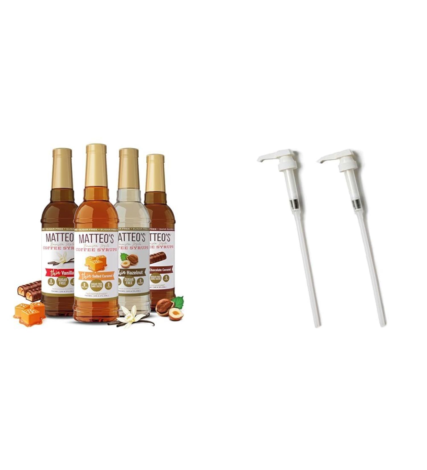 Matteo's Barista Style Sugar Free Coffee Syrup - 4 Flavor Variety Pack No Calorie & Coffee Syrup Pump Dispenser Bottle Pumps for Syrup Skinny Syrup Pump for 750ml Bottles - Buy Online on GoSupps.com