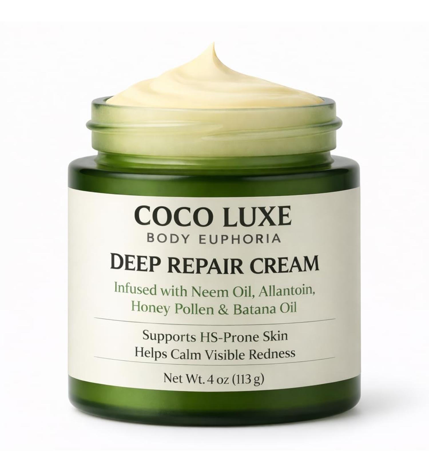 Coco Luxe Body Euphoria DEEP REPAIR CREAM Supports HS-Prone & Sensitive Skin Helps Calm Visible Redness Infused with Neem Oil Allantoin Honey Pollen & Batana Oil 4 oz