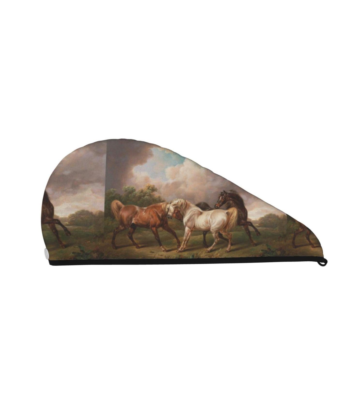 Hair Towel Wrap - Quick Drying Towel Turban with Button | Suitable for All Hair Types | Three Horses Oil Painting Design - Buy Online on GoSupps.com