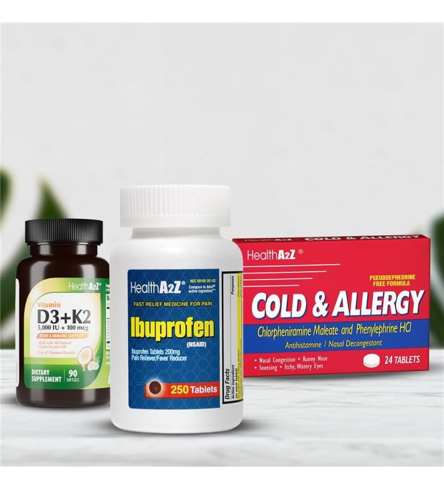 HealthA2Z Total Home Relief & Vitality Bundle | Cold & Allergy Tablets (72 Count) + Ibuprofen 200mg (250 Count) + Vitamin D3 (5 000 IU) + K2 MK-7 Softgels with Virgin Coconut Oil (90 Count) - Buy Online on GoSupps.com