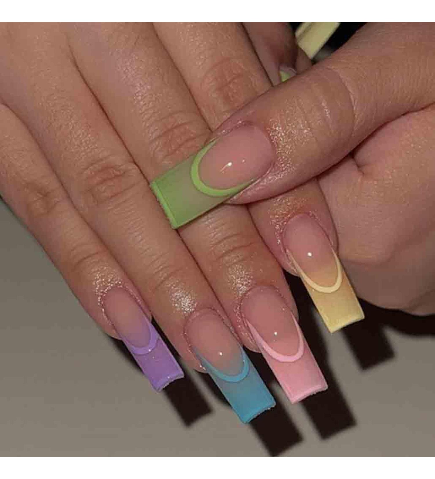 Foccna Long Press on Nails - Square French Full Cover Acrylic Fake Nails | 24PCS Colorful Designs for Women & Girls - International Shipping Available - Buy Online on GoSupps.com