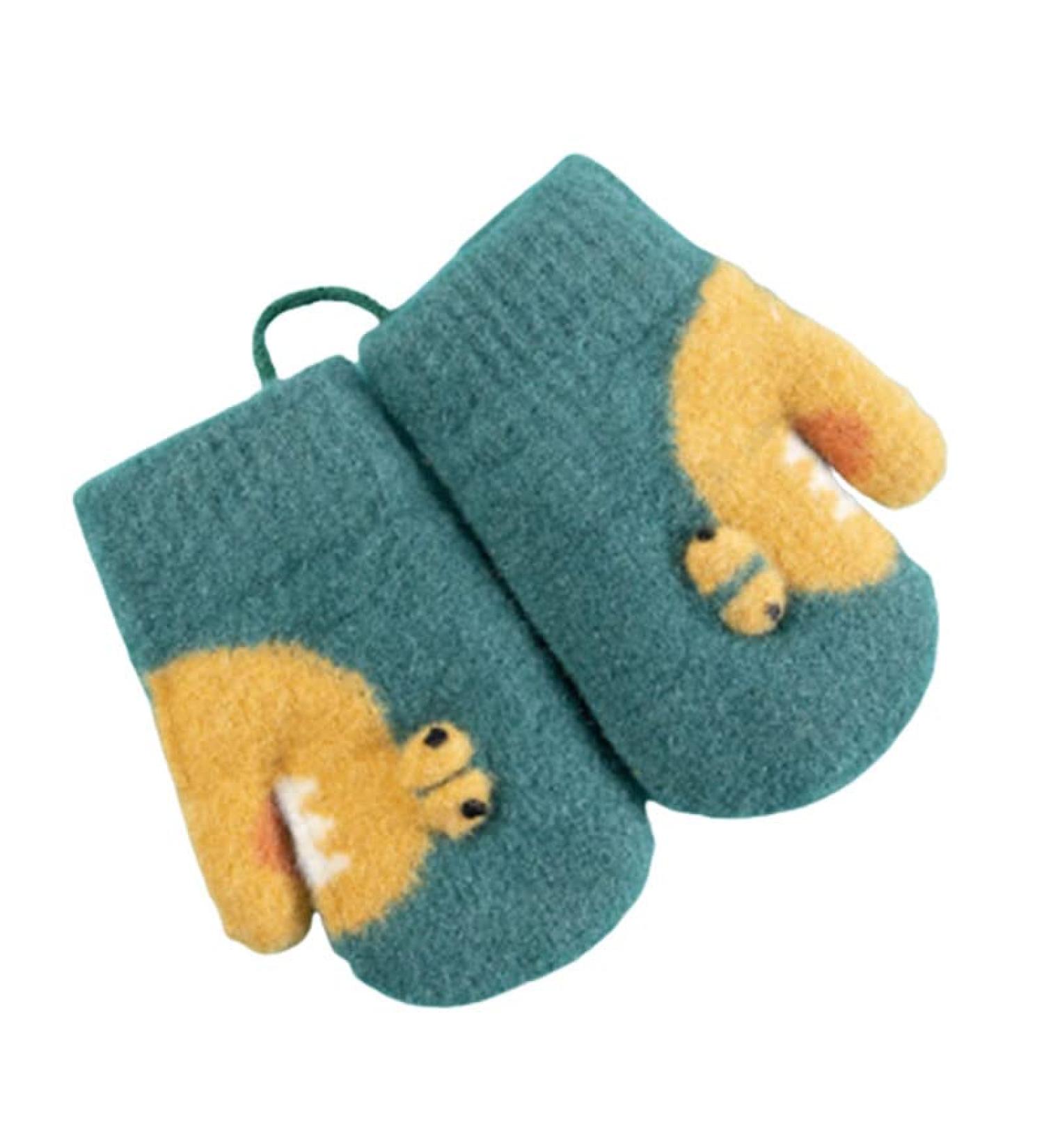 Toddlers Knitted Gloves with String Magic Stretch Gloves Cosy Cartoon Hanging Neck Gloves Lined Fleece Thermal Mittens (2-5Y) Green - Buy Online on GoSupps.com