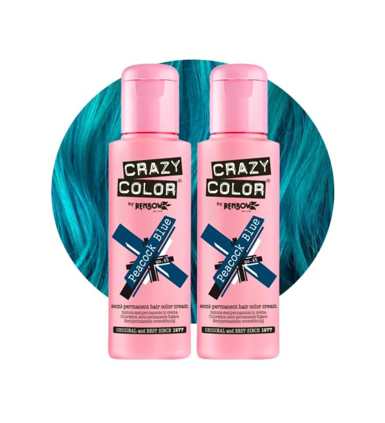 Crazy Color Vibrant Peacock Blue Semi-Permanent Duo Hair Dye - 200ml | Vegan Formula, Highly Pigmented Teal Turquoise, Conditioning & Oil Nourishing | No Bleach or Ammonia - Buy Online on GoSupps.com