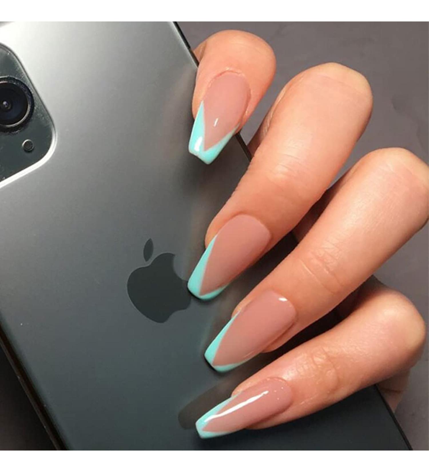 Brishow Coffin Artificial Nails - Shiny Ballerina French False Nails Full Cover 24 Pieces for Women & Girls - Perfect for Easy Nail Art - Buy Online on GoSupps.com