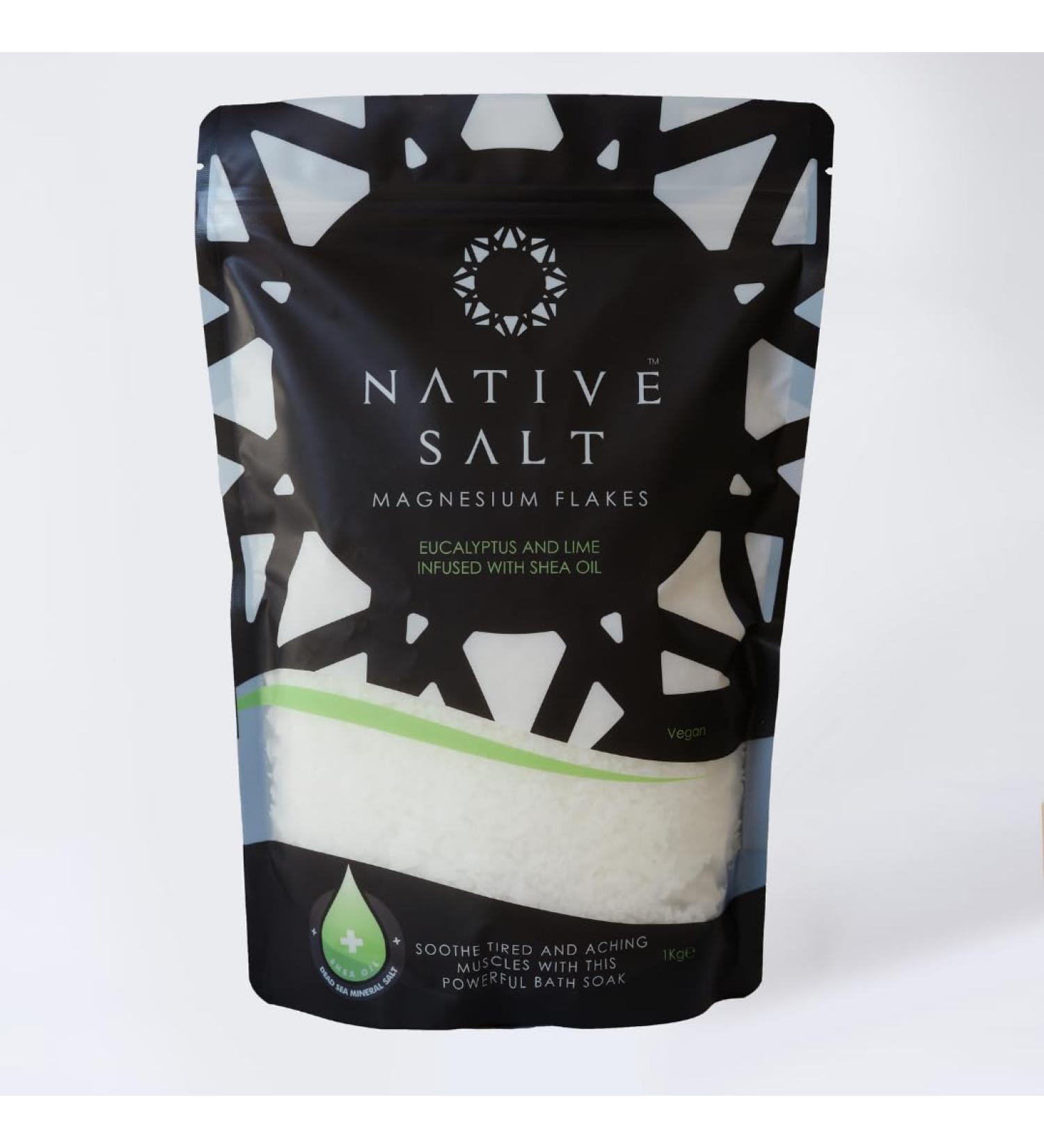 NATIVE SALT LTD Native salt magnesium bath flakes eucalyptus and lime infused with shea oil natural source of magnesium mineral bath flakes magnesium recovery vegan and palm oil free 1 kg - Buy Online on GoSupps.com