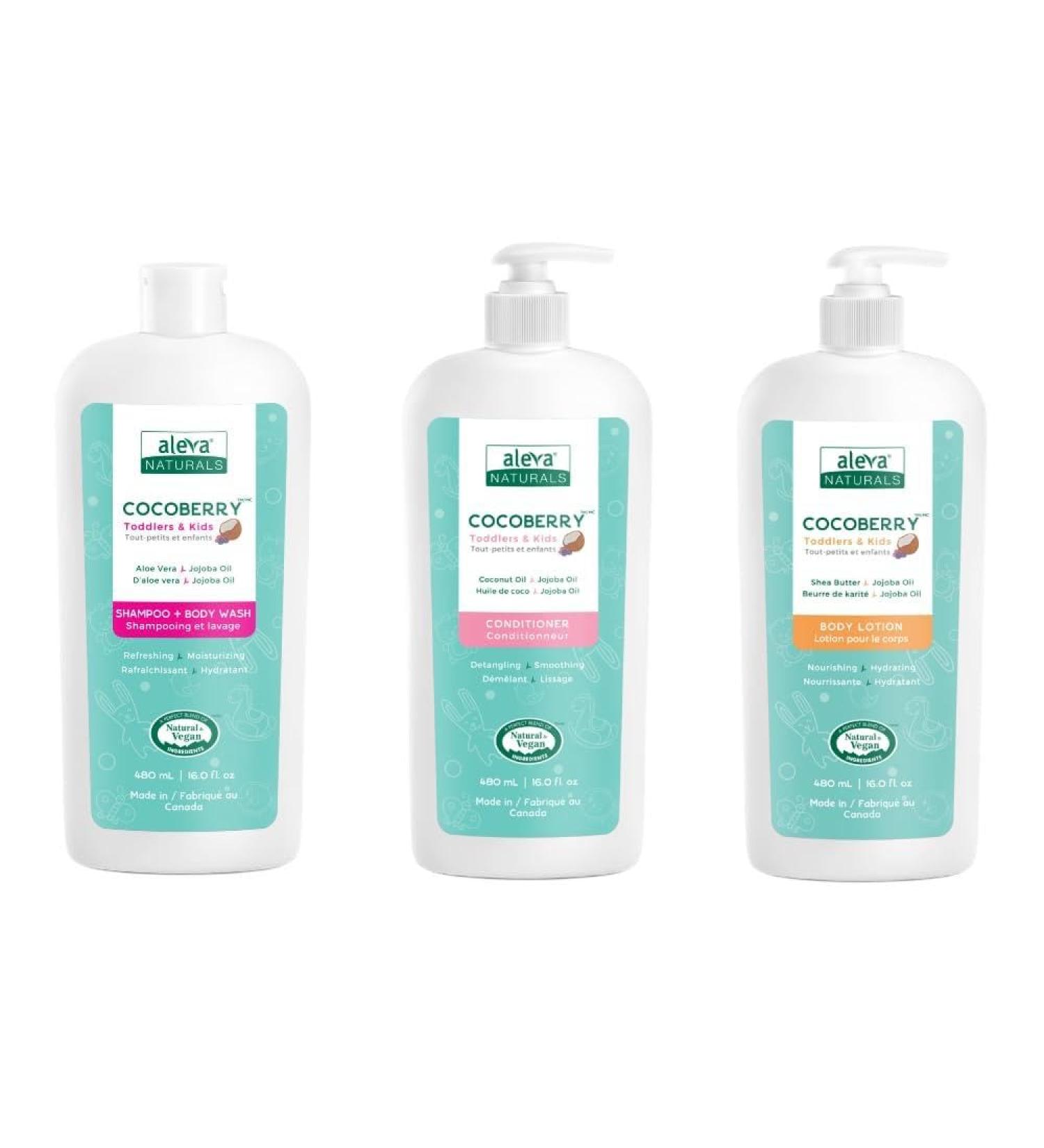Aleva Naturals Cocoberry Toddlers & Kids Hair & Body Care TRIO Shampoo & Body Wash Conditioner Body Lotion - 480 mL x 3 - Buy Online on GoSupps.com
