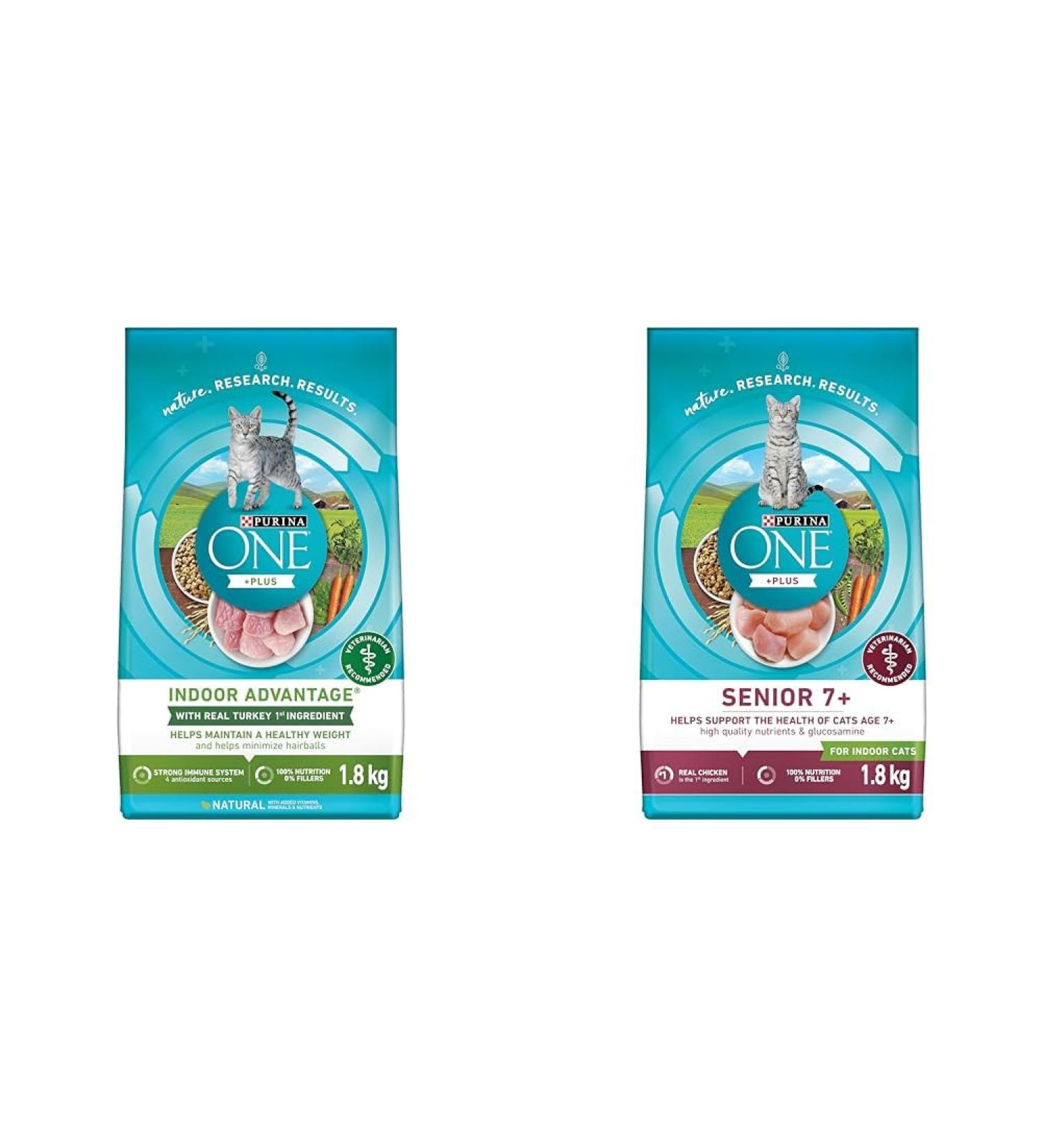Purina ONE +Plus Dry Cat Food Indoor Advantage Turkey - 1.8 kg Bag & +Plus Senior Dry Cat Food Chicken - 1.8 kg Bag - Buy Online on GoSupps.com