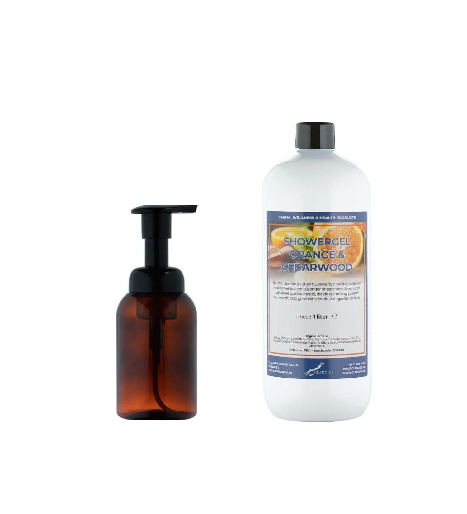 Claudius Showergel Sweet Orange & Cedarwood Zeepdispenser 300 ml amber bruin + 1 liter