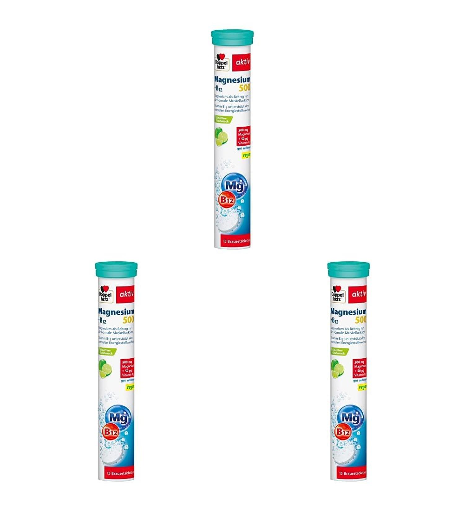 Double Heart Magnesium 500 + B12 - Vegan Effervescent Tablets for Muscle Function - Lime Flavor (Pack of 3) - 15 Tablets Each - Buy Online on GoSupps.com