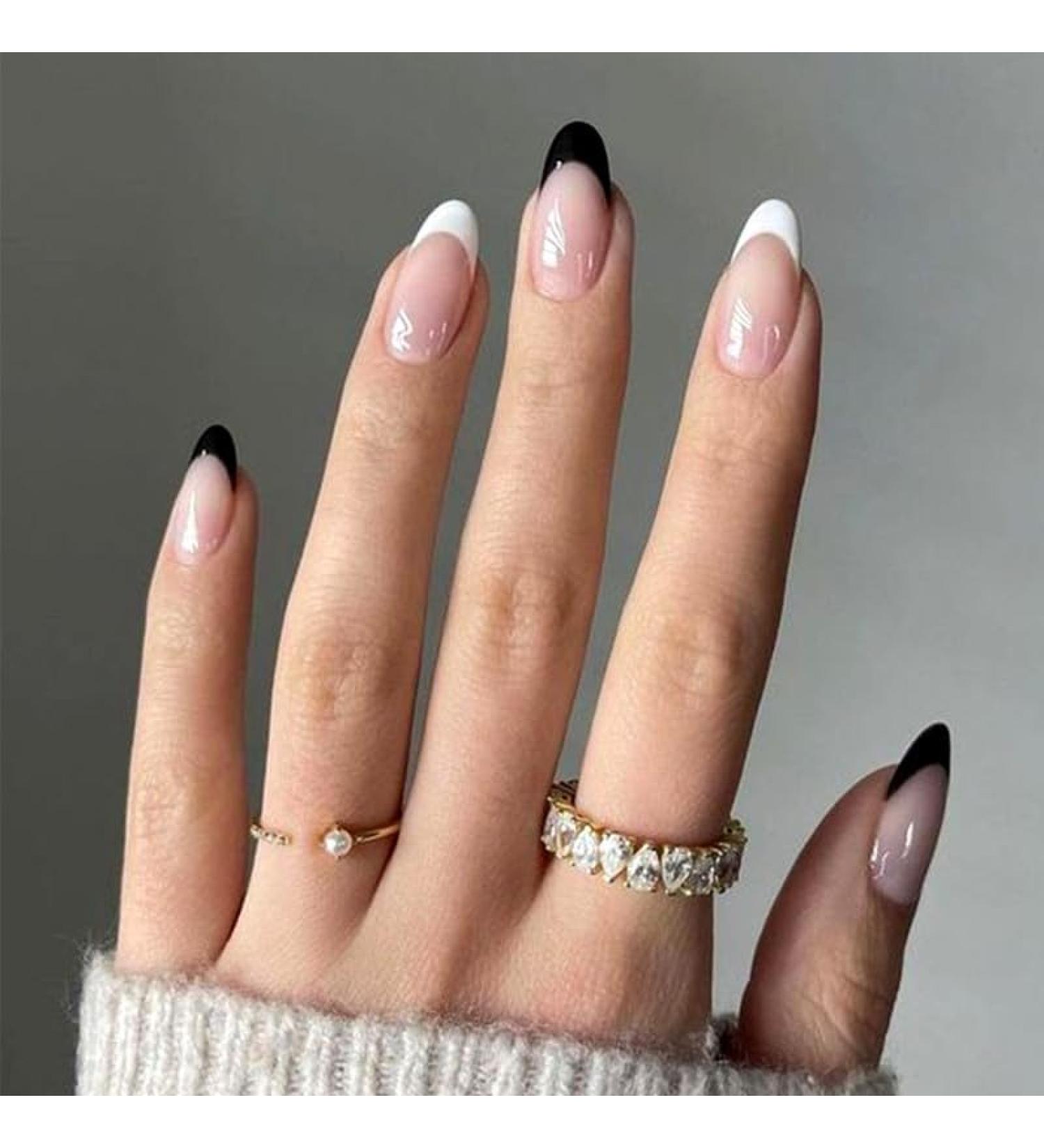 24Pcs Press on Nails Short French Tips Fake Nails Acrylic Almond Shape False Nails Reusable Black White Artificial Nails for Women Girls - Buy Online on GoSupps.com