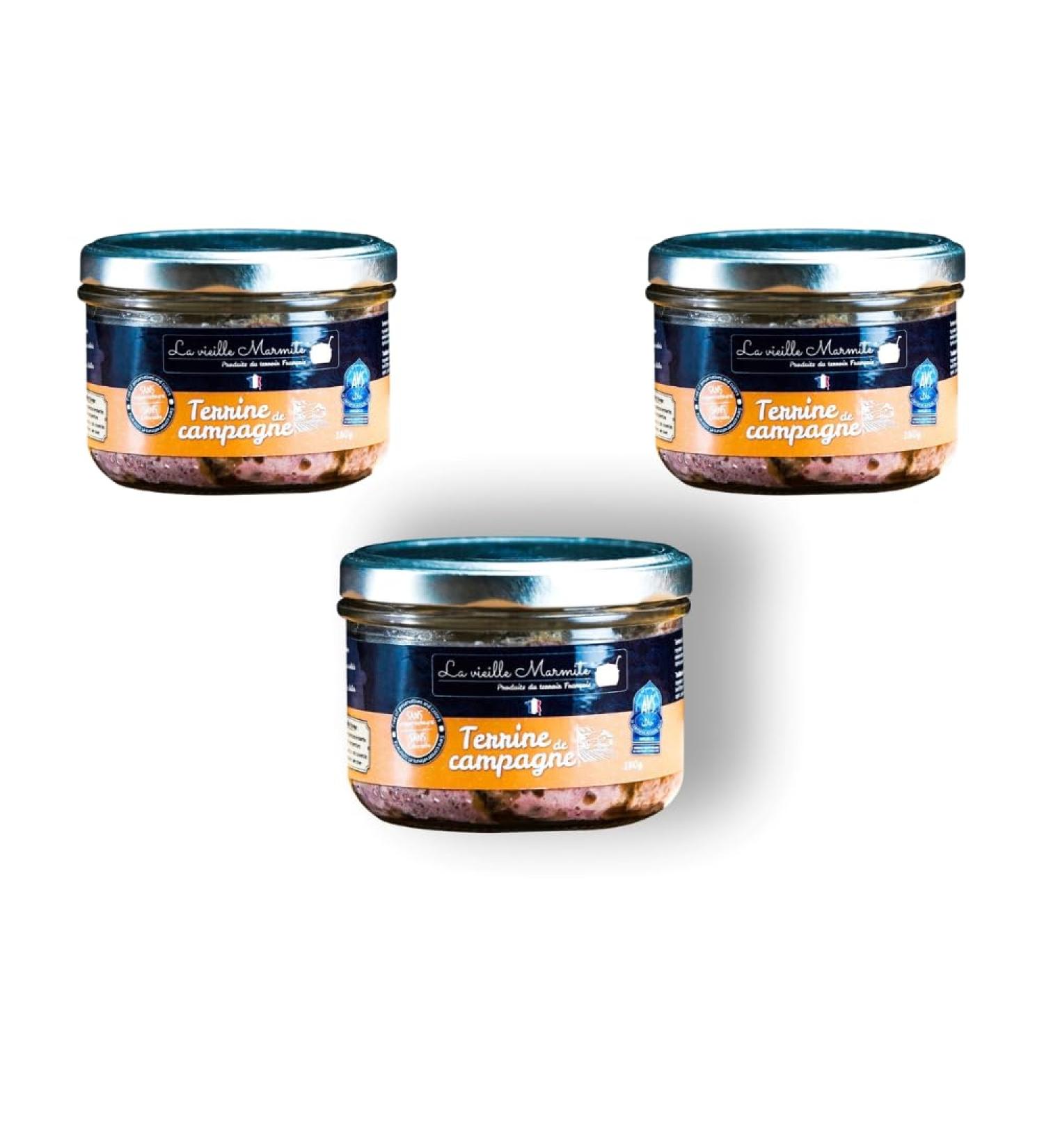 La Vieille Marmite Halal Country Terrines 180 Gr Pack of 3 - Rustic and traditional terrine made with quality ingredients - Artisanal know-how - Made in France.