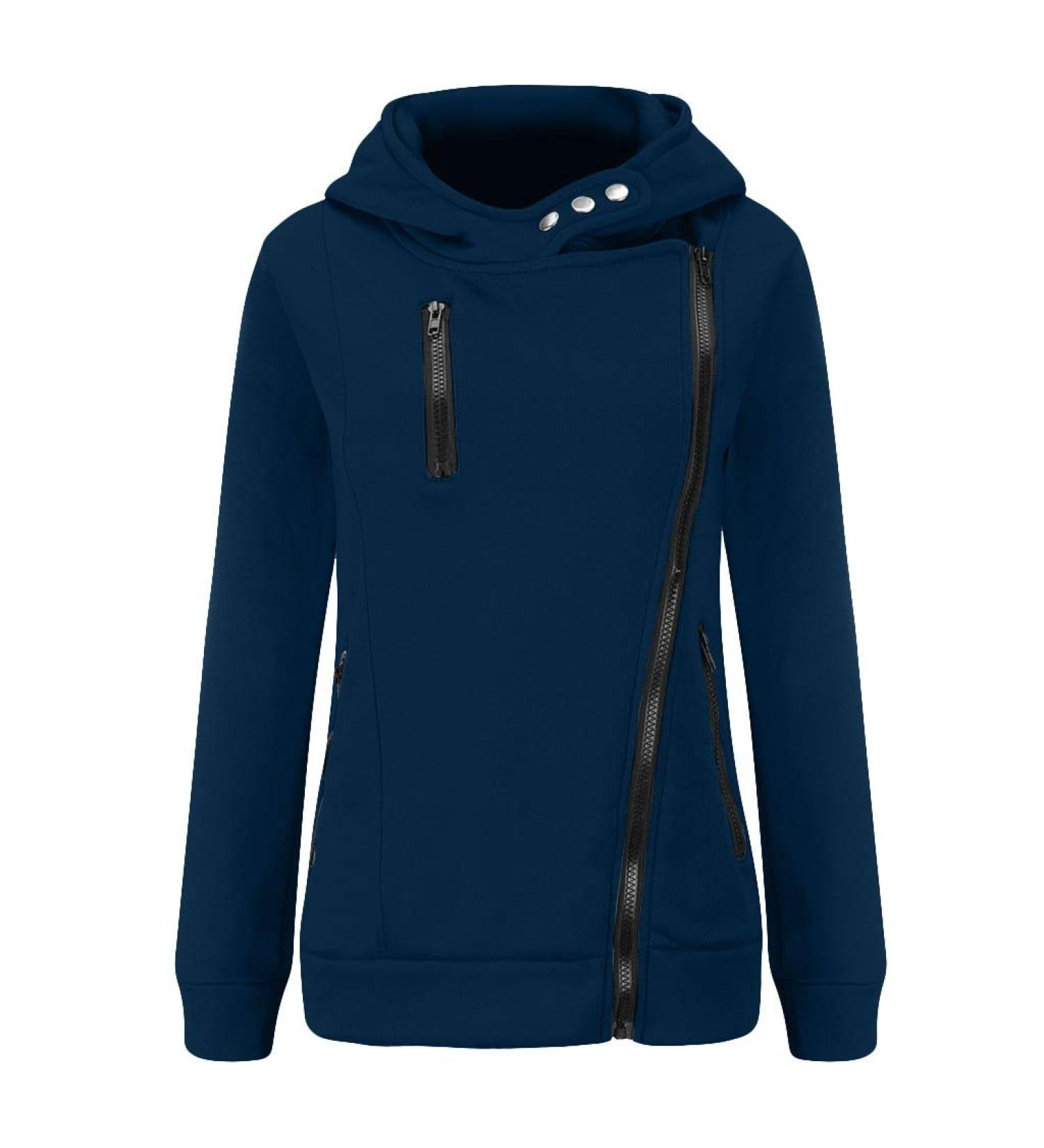 Bigfanshu Women's Sweatshirts Casual Zipper Patchwork Hooded Autumn Winter Warm Long Sleeve Loose Pullover Navy Blue