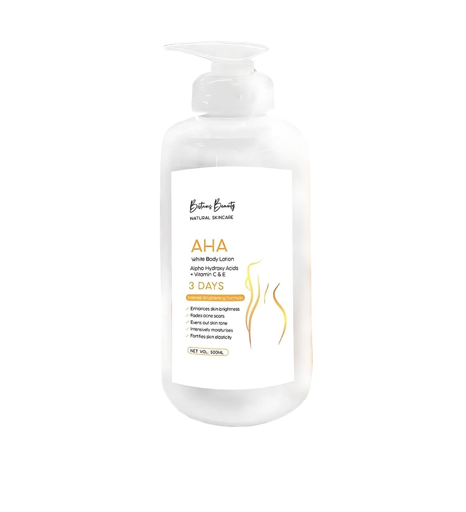 Britains Beauty AHA White Body Lotion with Alpha Hydroxy Acids Vitamin C & E Intense Brightening Formula for Smooth Moisturized Skin - 500ml (White 500ml) - Buy Online on GoSupps.com