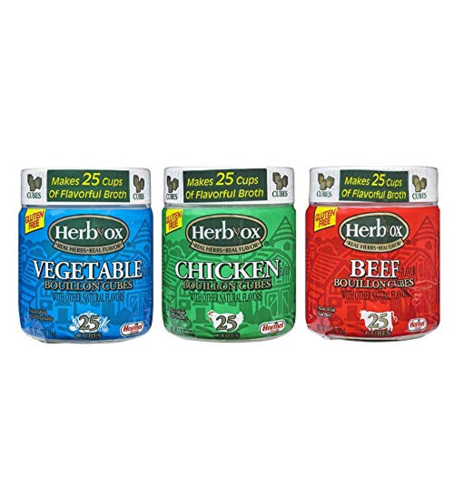 Herb-Ox Bouillon Bundle - 25 Ct Vegetable, Chicken, Beef Bouillon Cubes (3.25 Oz) with Spice of Life Mini Bamboo Spatula - Buy Online on GoSupps.com