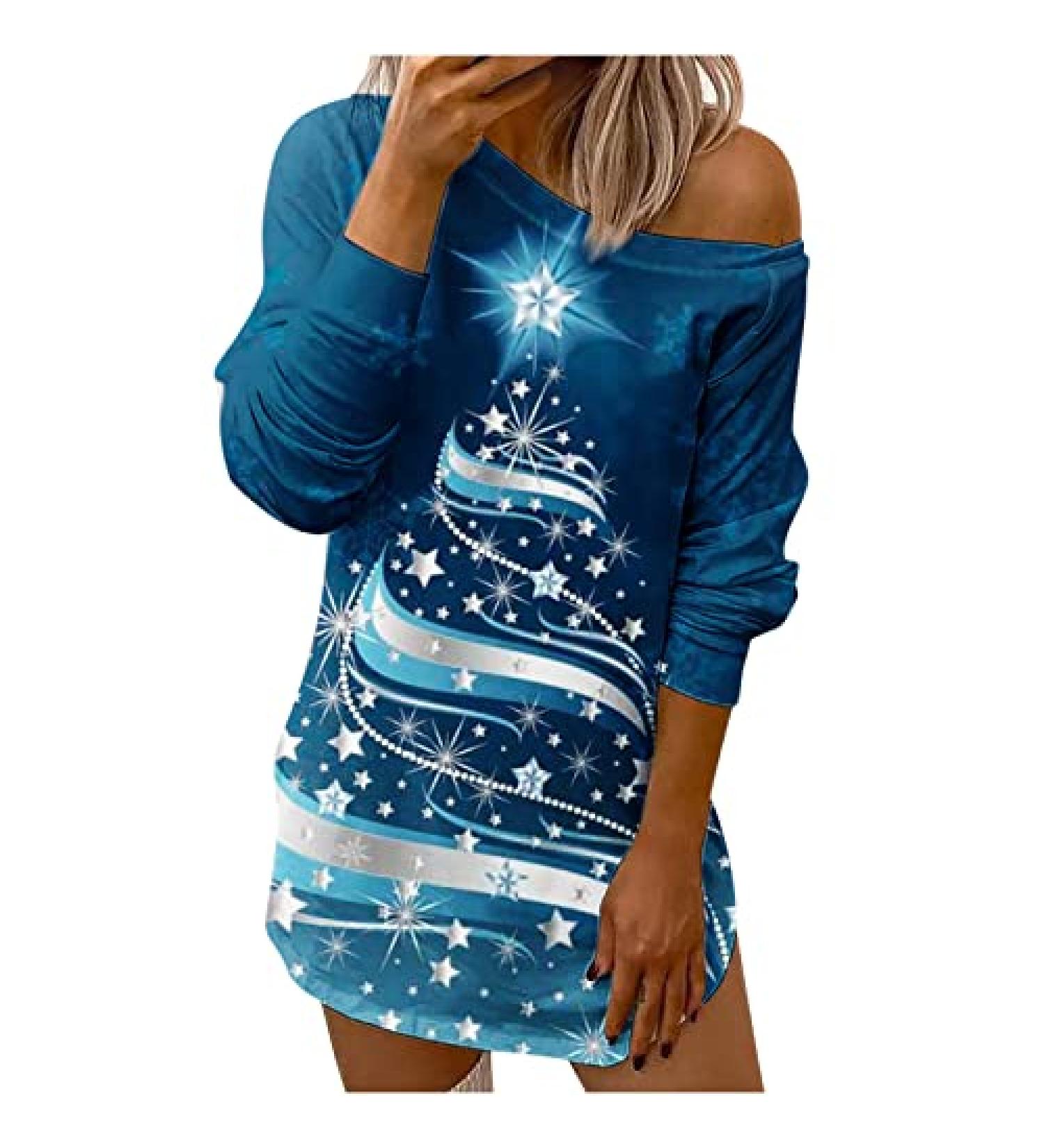 Christmas Women's Slant Collar Hollow Printed Blouse - Off The Shoulder Pullover Top, XX-Large Blue - Buy Online on GoSupps.com