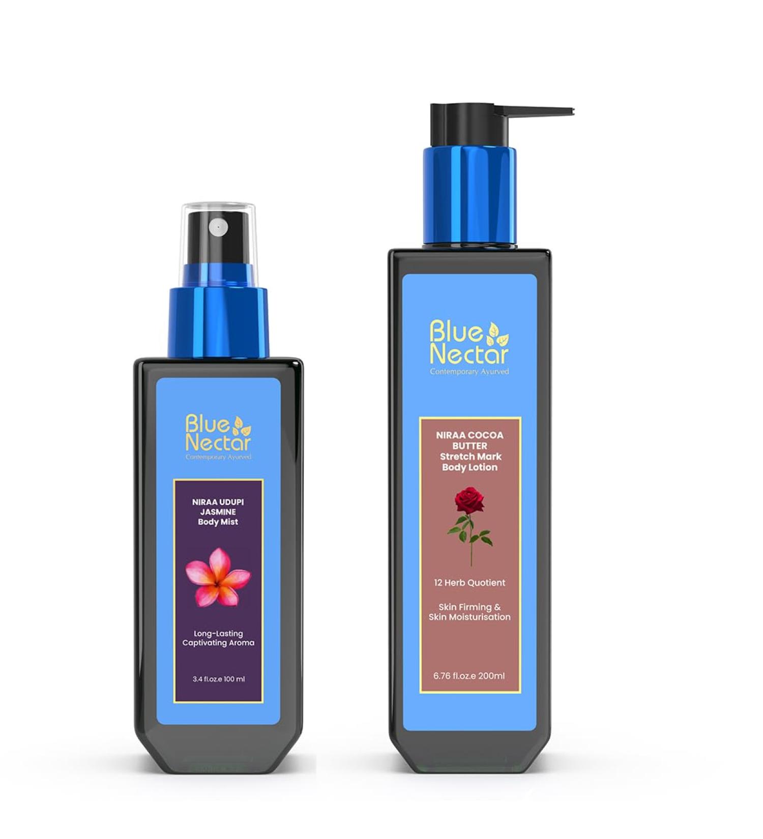 Blue Nectar Stretch Mark Cream & Niraa Udupi Jasmine Body Mist - Nourishing Care for Moms Shea Butter Moisturizer with 12 Herbs 6.76 fl oz Perfect Pregnancy Gifts - Buy Online on GoSupps.com