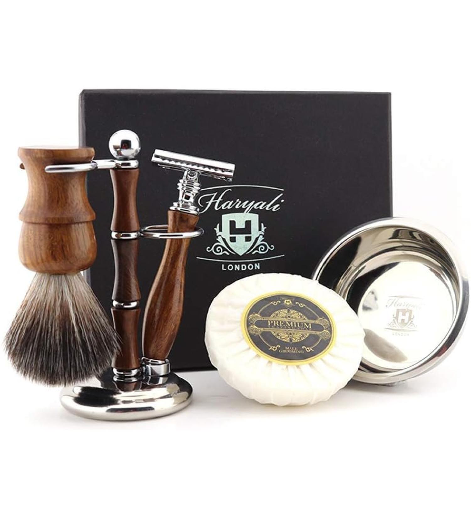 Haryali London Men's Wooden Shaving Set - Double Edge Safety Razor Synthetic Badger Brush Bowl & Soap | International Shipping Available - Buy Online on GoSupps.com