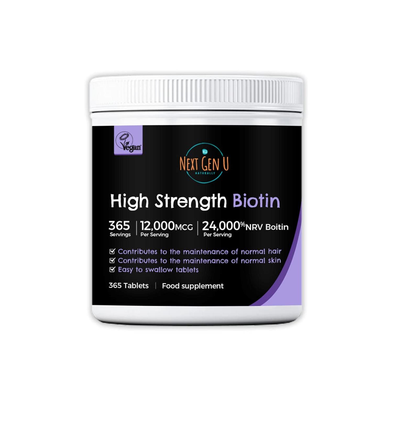 Biotin Hair Growth Tablets 365 - 12,000mcg High Strength | Vegan Supplement for Hair, Skin, Nails | 1 Year Supply | Gluten Free - Buy Online on GoSupps.com