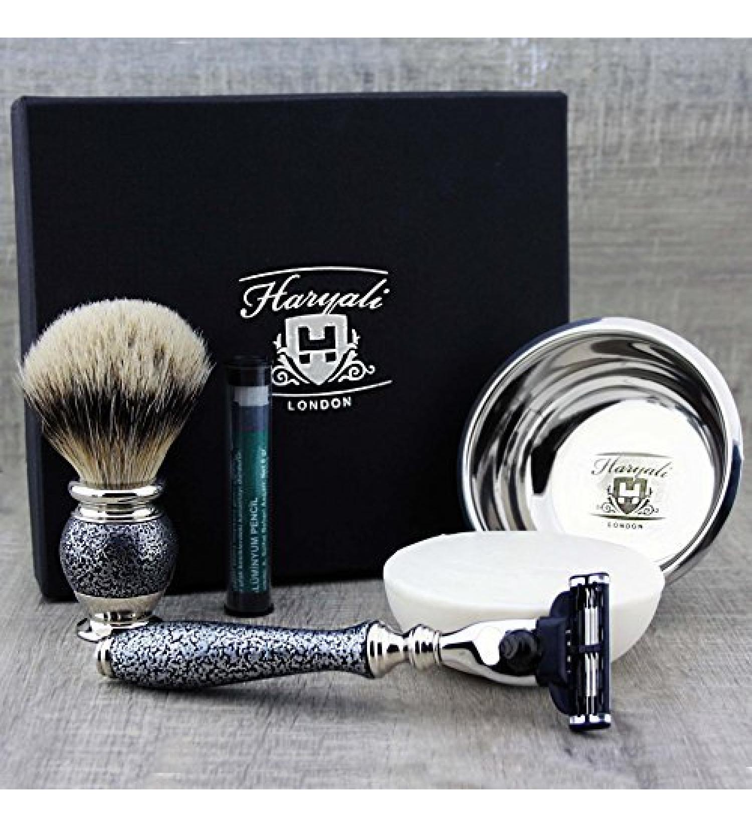 5Pc Men's Shaving Kit | 3 Edge Razor Silver Tip Badger Brush Soap & Bowl - Perfect Grooming Set - Buy Online on GoSupps.com