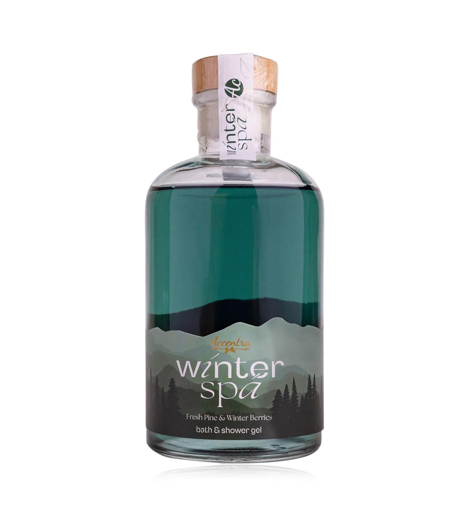Accentra Shower Gel WINTER SPA Care Shower bath gel in a glass bottle with cork 470 ml Womens Gift Christmas Fragrance Fresh pine & winter berries reusable