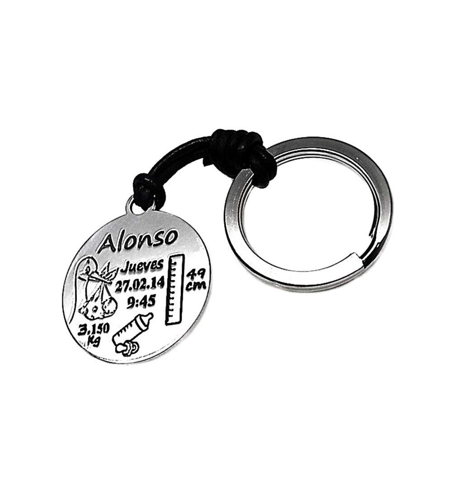 Personalized 925m Silver Leather Key Trailer - Custom Stork Baby Bottle & Pacifier 30mm Disc - Buy Online on GoSupps.com