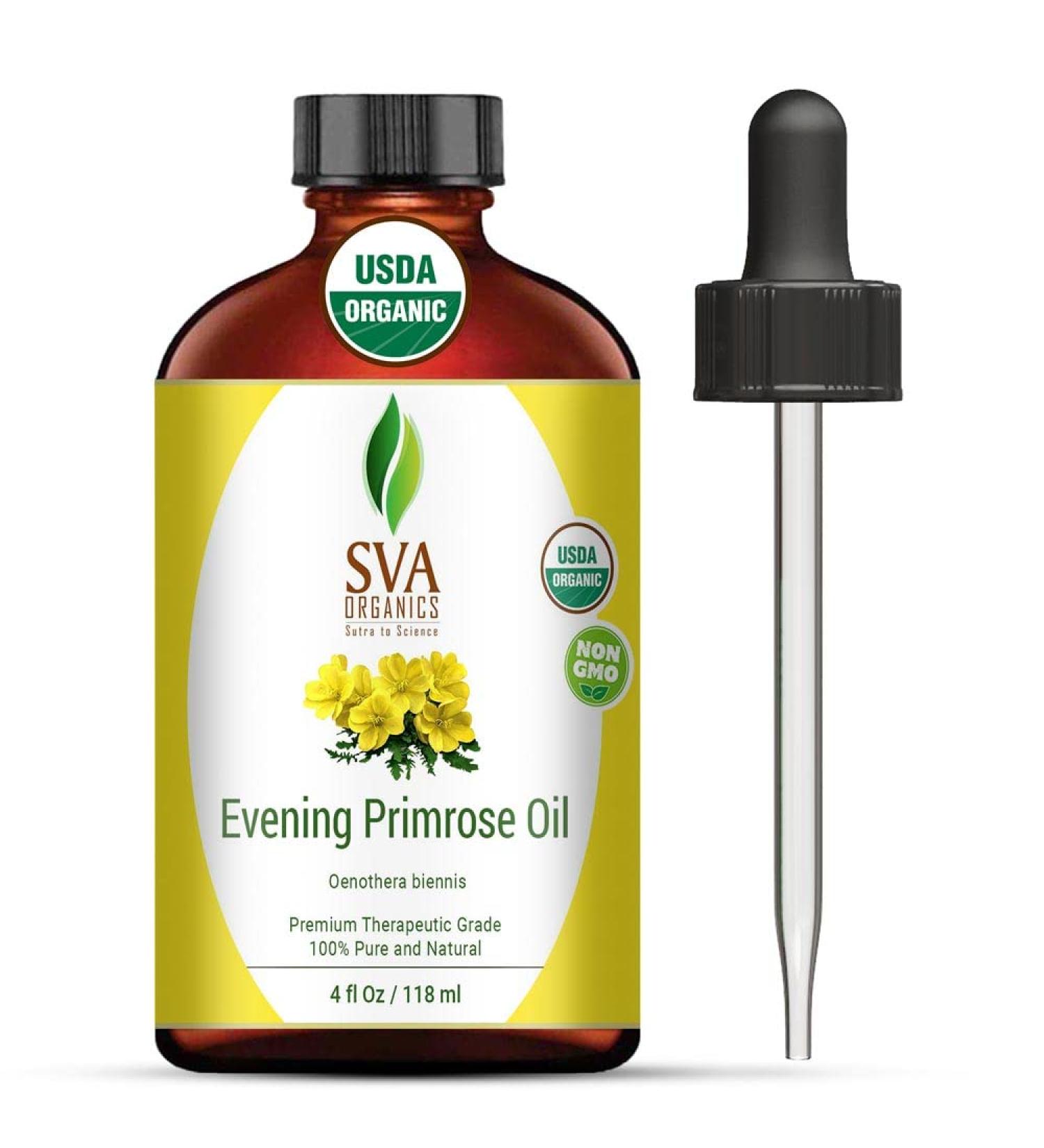 SVA Organics Evening Primrose Oil 4 oz - 100% Pure Therapeutic Grade for Skin, Face, and Hair - Wrinkle-Free Formula - Buy Online on GoSupps.com