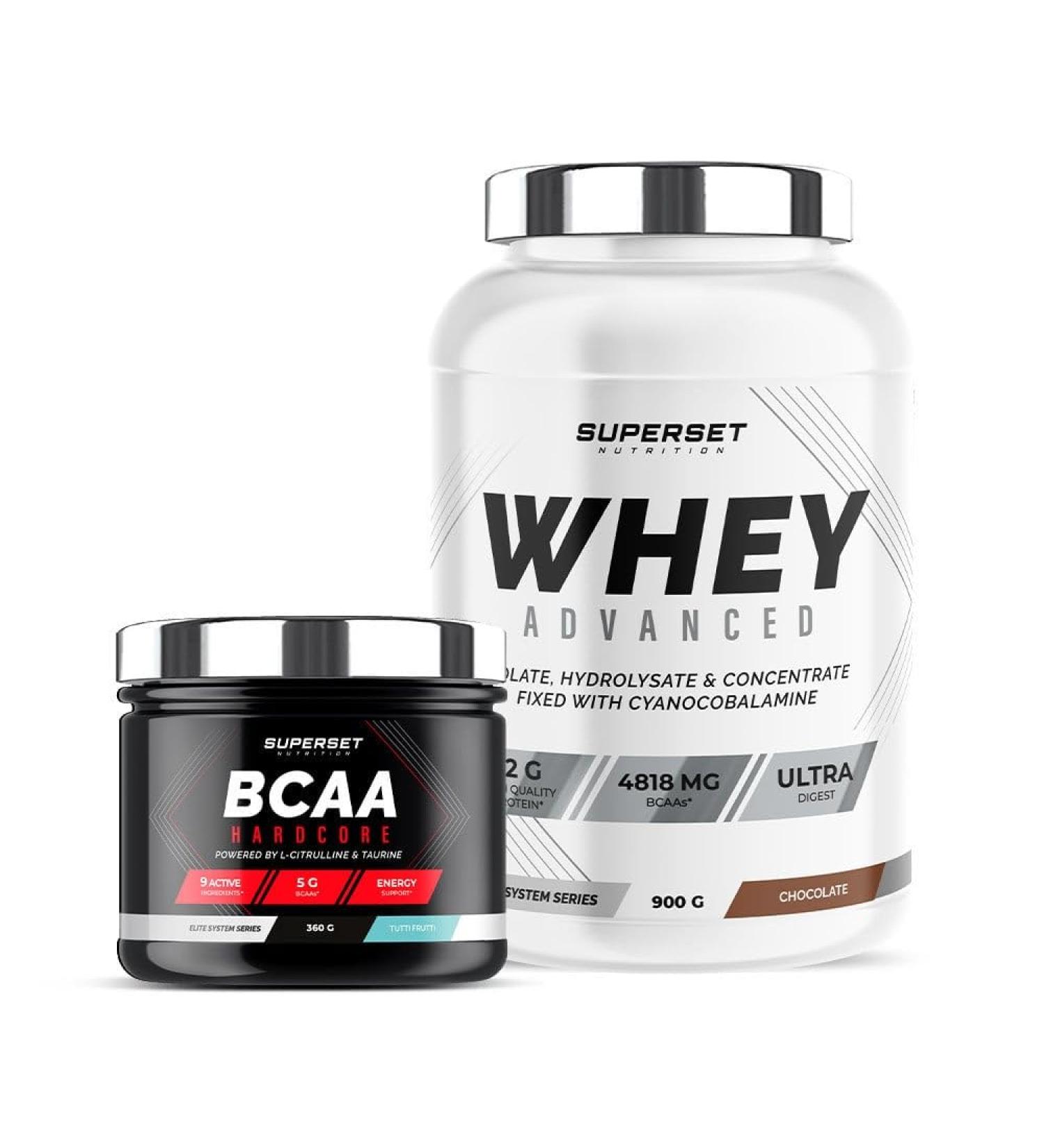 Superset Nutrition | Muscle Shaping Program - 100% Whey Protein Advanced 900g Chocolate - Bcaa Hardcore Tutti Frutti | Achieves a shaped toned physique in 4 weeks. - Buy Online on GoSupps.com