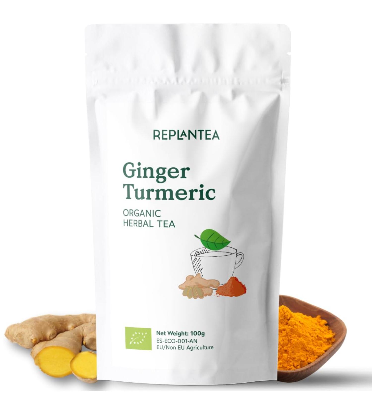 Ginger Turmeric Tea Organic 100g (50 Cups) | Intense Flavour 98% Ginger 1% Turmeric and Cardamom REPLANTEA - Buy Online on GoSupps.com