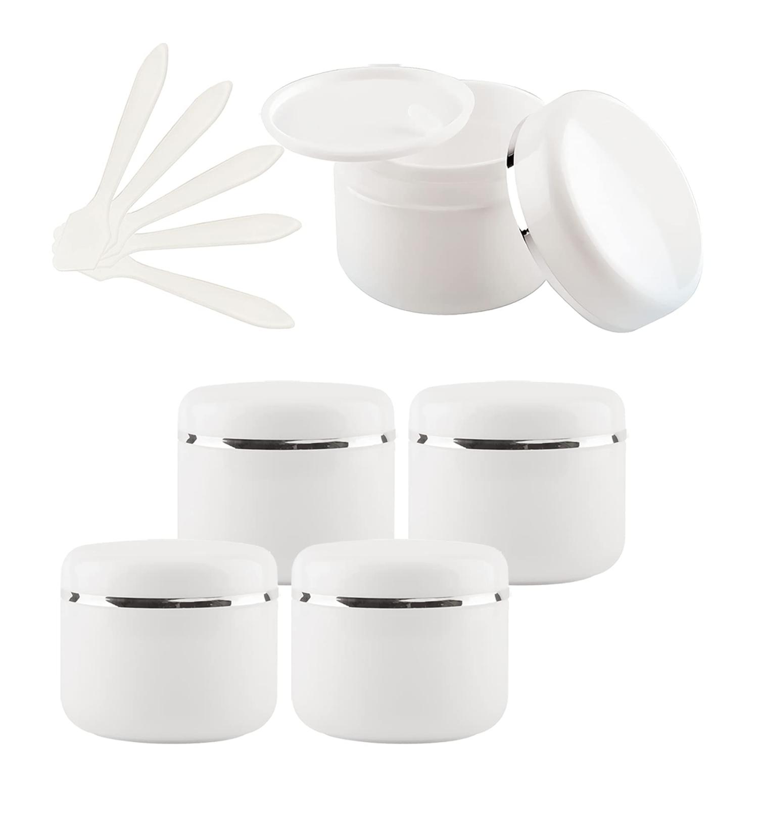 Tianzd 5-Piece 250ml White Plastic Screw Can - Cosmetic Container with Silver Lid & 5 Spoons | Ideal for Creams Gels & Ointments - International Shipping Available - Buy Online on GoSupps.com