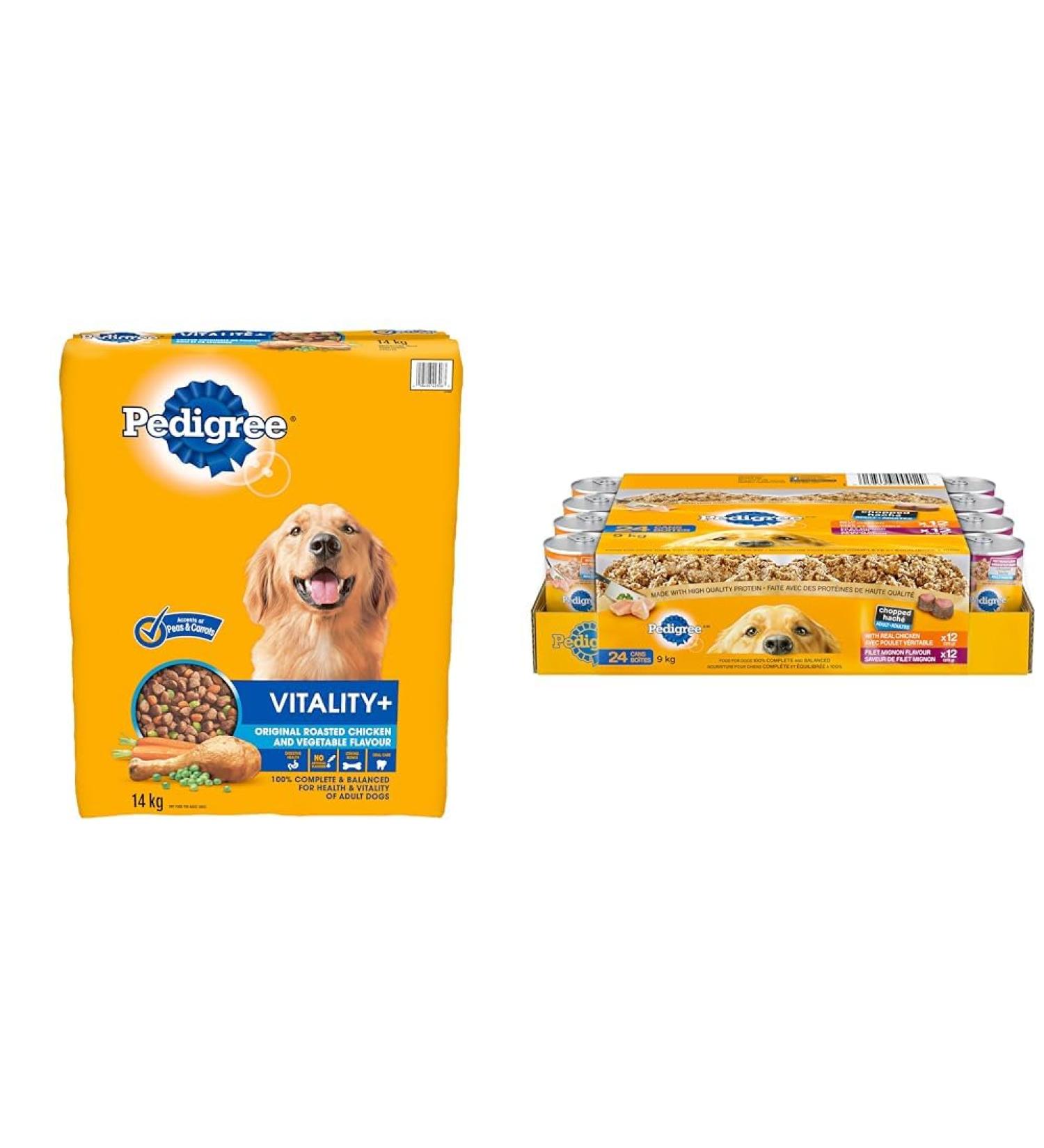 PEDIGREE Vitality+ Adult Dry Dog Food Roasted Chicken and Vegetable Flavour 14kg Bag & Chopped Adult Wet Dog Food Ground Dinner Chicken and Filet Mignon 375g Can (24 Pack) - Buy Online on GoSupps.com