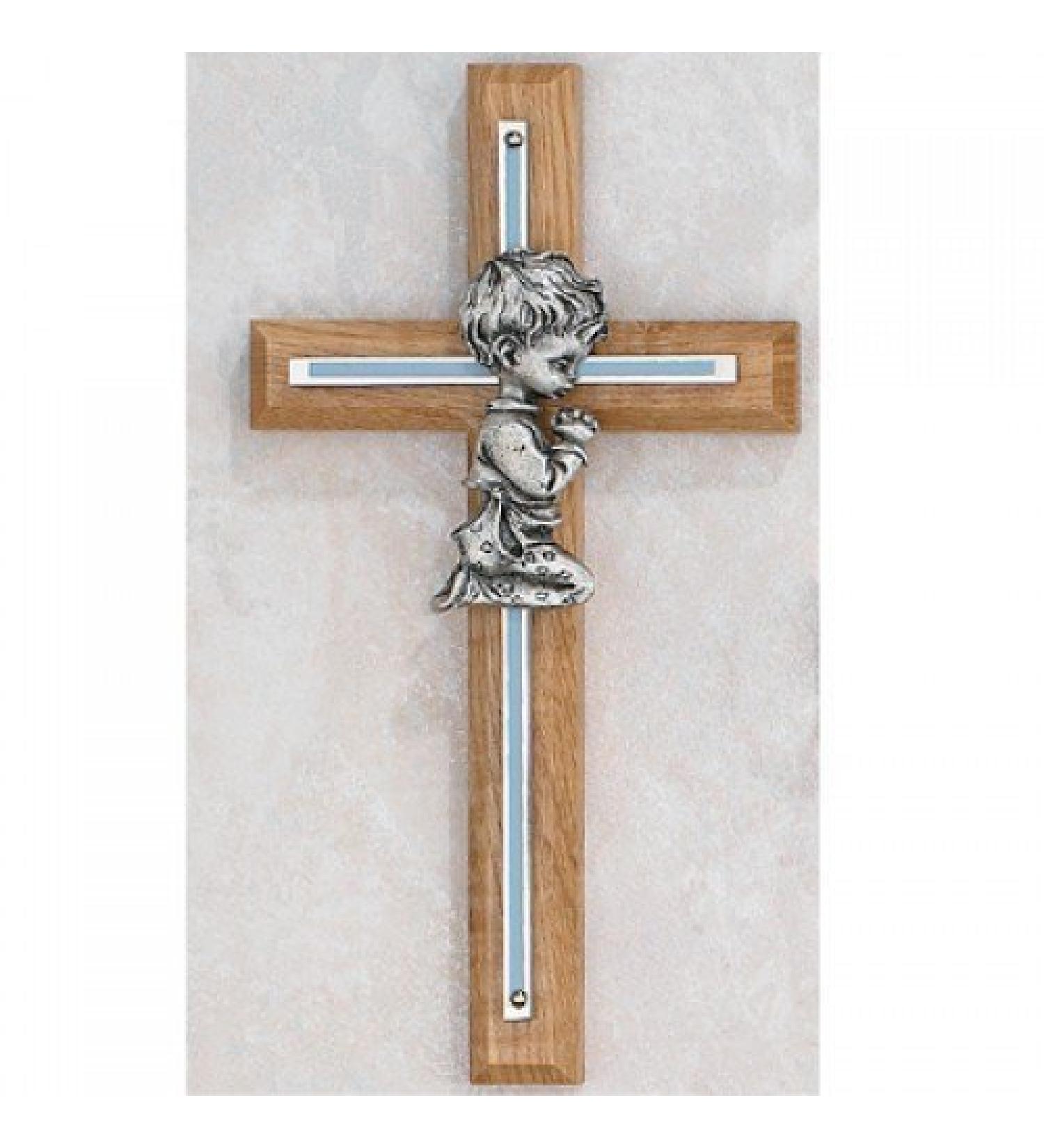 KeegansCatholicTreasures Blue Boys Wall Cross Oak Baby Infant Christening Baptism Shower Made in The USA 1 Pack