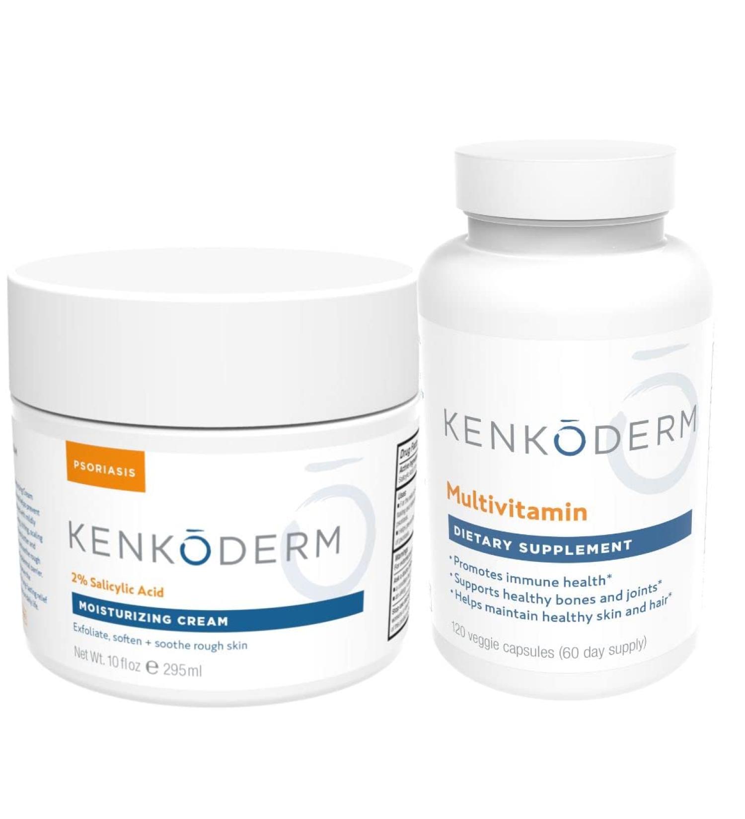 Kenkoderm Psoriasis Moisturizing Cream & Multivitamin Skin Care Bundle Moisturizing Cream with Salicylic Acid 10 oz & Multivitamin with Omega 3 & Vitamin D Immune Support Supplement 120 Capsules - Buy Online on GoSupps.com