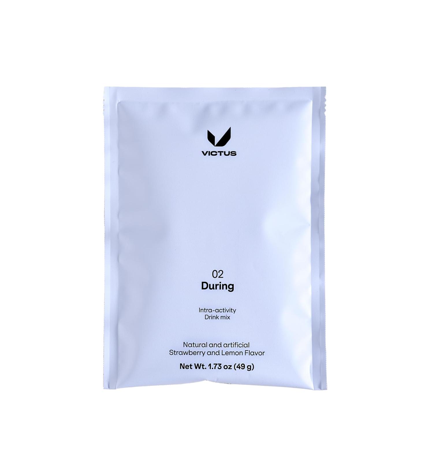 Victus 02 During Drink Mix sports drink powder with 45 g carbohydrates and 343 mg sodium per serving 49 g Apple & Lemon