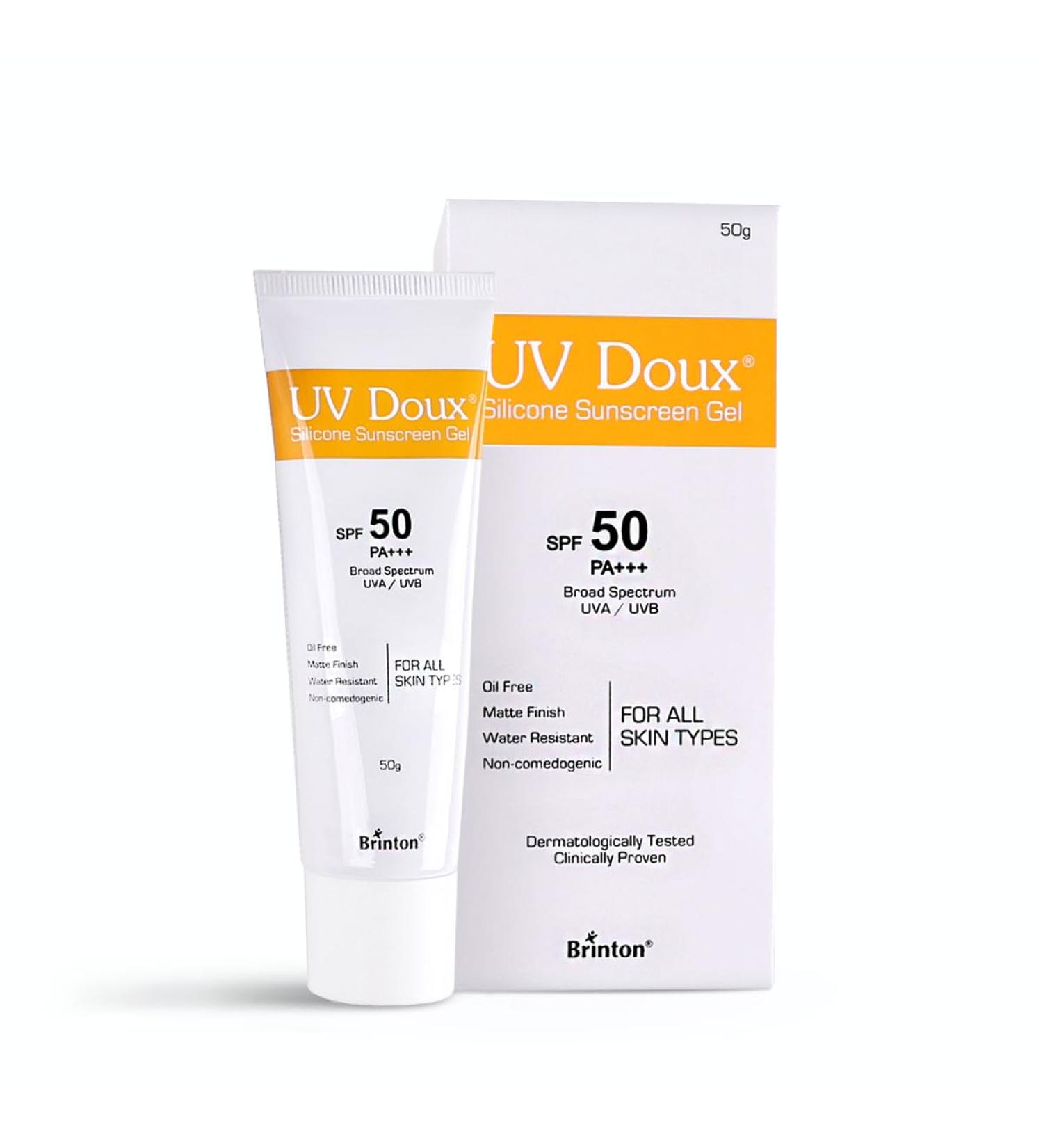 Brinton Healthcare UvDoux Face & Body Sunscreen gel with SPF 50 PA+++ in Matte Finish and Oil Free Formula| Water Resistant Sunscreen| Protection against UVA/UVB Rays (100 GM) - Buy Online on GoSupps.com