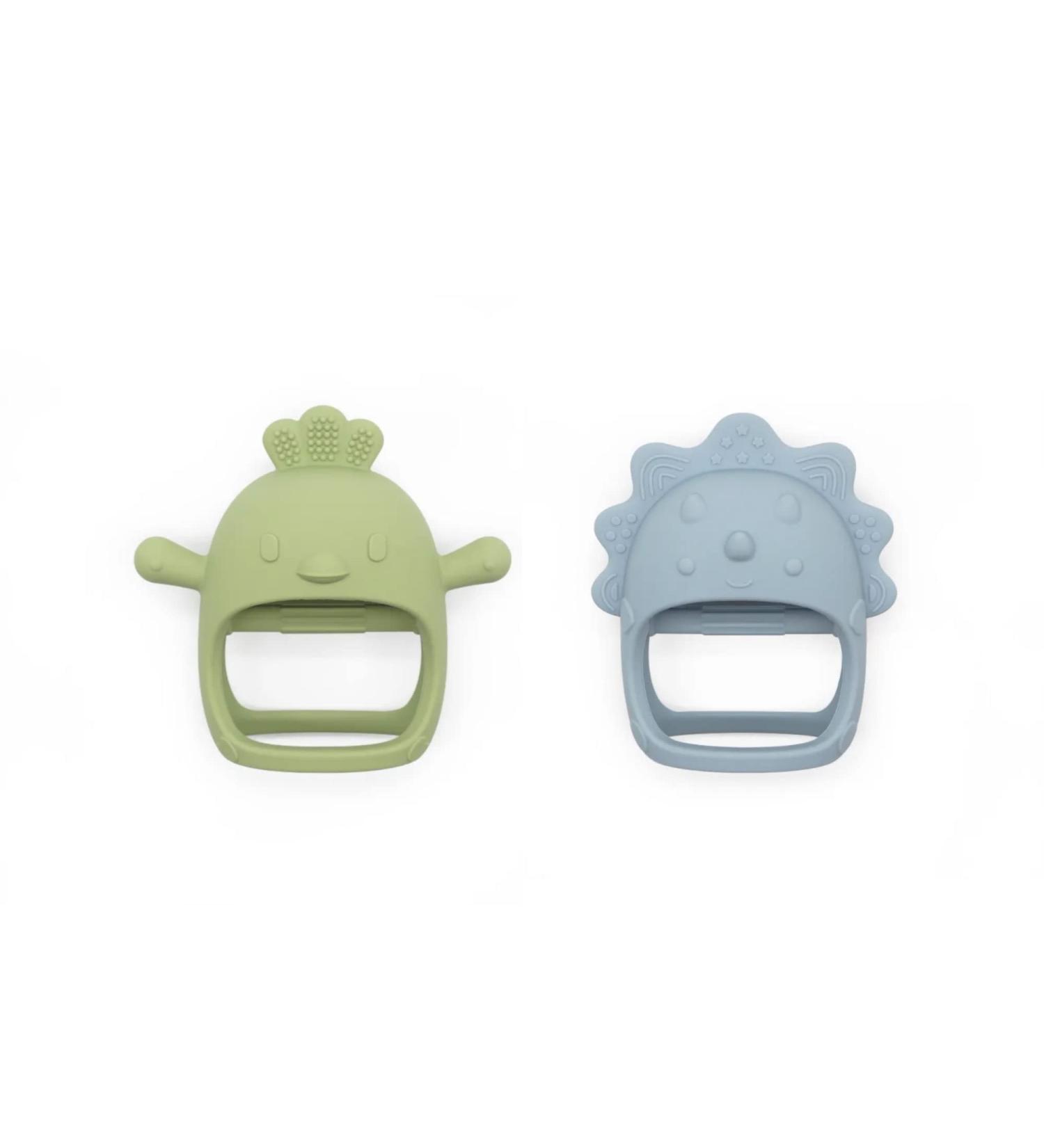 MOMMYS BABY Silicone Teether Set for Infants | Chew Mitten Pain Relief | Olive Green Chick & Dusty Blue Triceratops | Soothing 2 in 1 Teething Toy | Anti-Drop Handle for Easy Grip - Buy Online on GoSupps.com