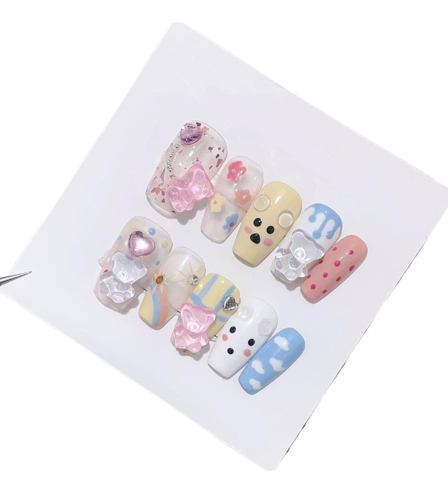 Handmade Wearing Nail 3D Bear Cartoon Short Nail Patch Removable False Nail(M)