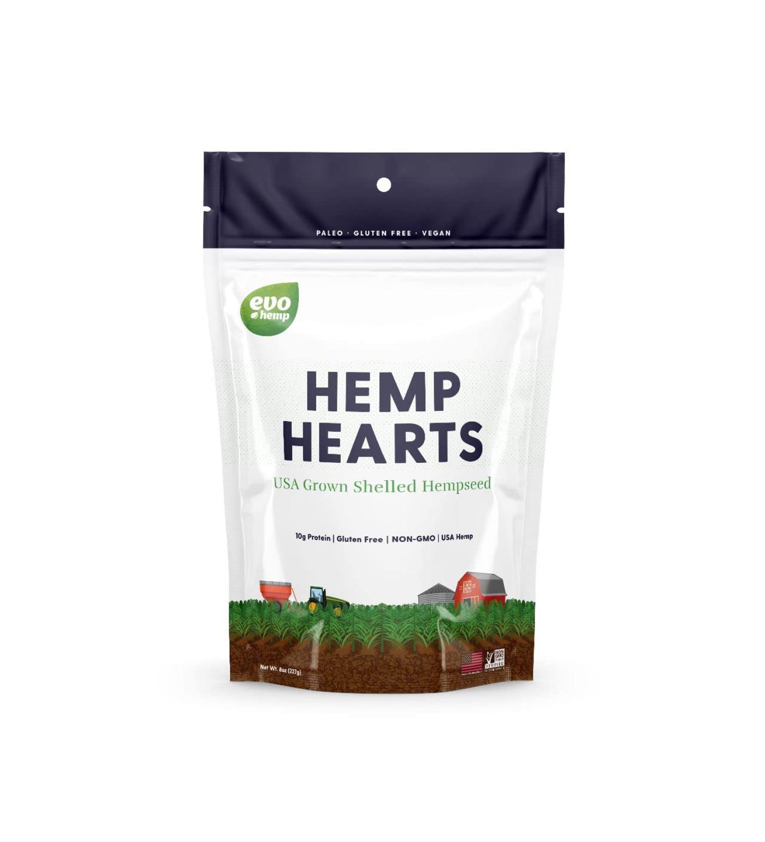 Evo Hemp Hearts (8oz) - 10g Protein, 12g Omega 3 & 6 - U.S. Grown Shelled Seeds | Gluten-free Non GMO Plant Protein - Buy Online on GoSupps.com