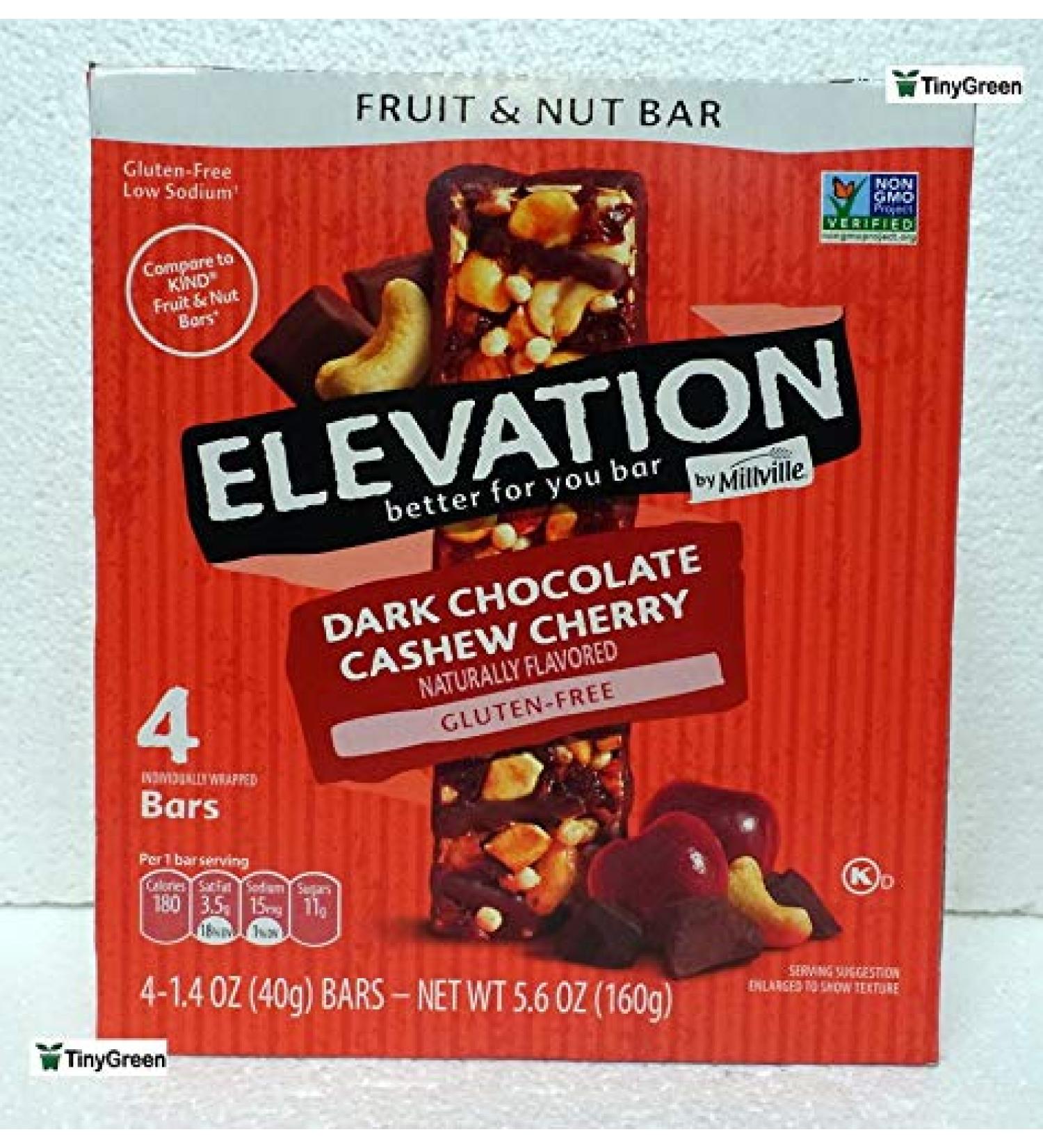 Elevation by Millville Fruit and Nut Bar Dark Chocolate Cashew Cherry 4 Bars 5.6oz/160g
