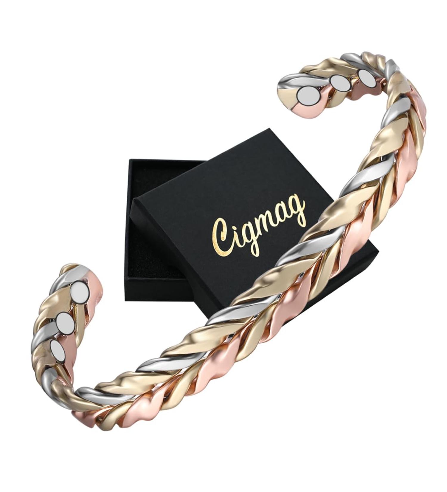 Cigmag Lymphatic Drainage Copper Bracelet for Women - Ultra Strength Magnet, Adjustable Tricolor Feather Wide Design - 99% Solid Pure Copper - Buy Online on GoSupps.com