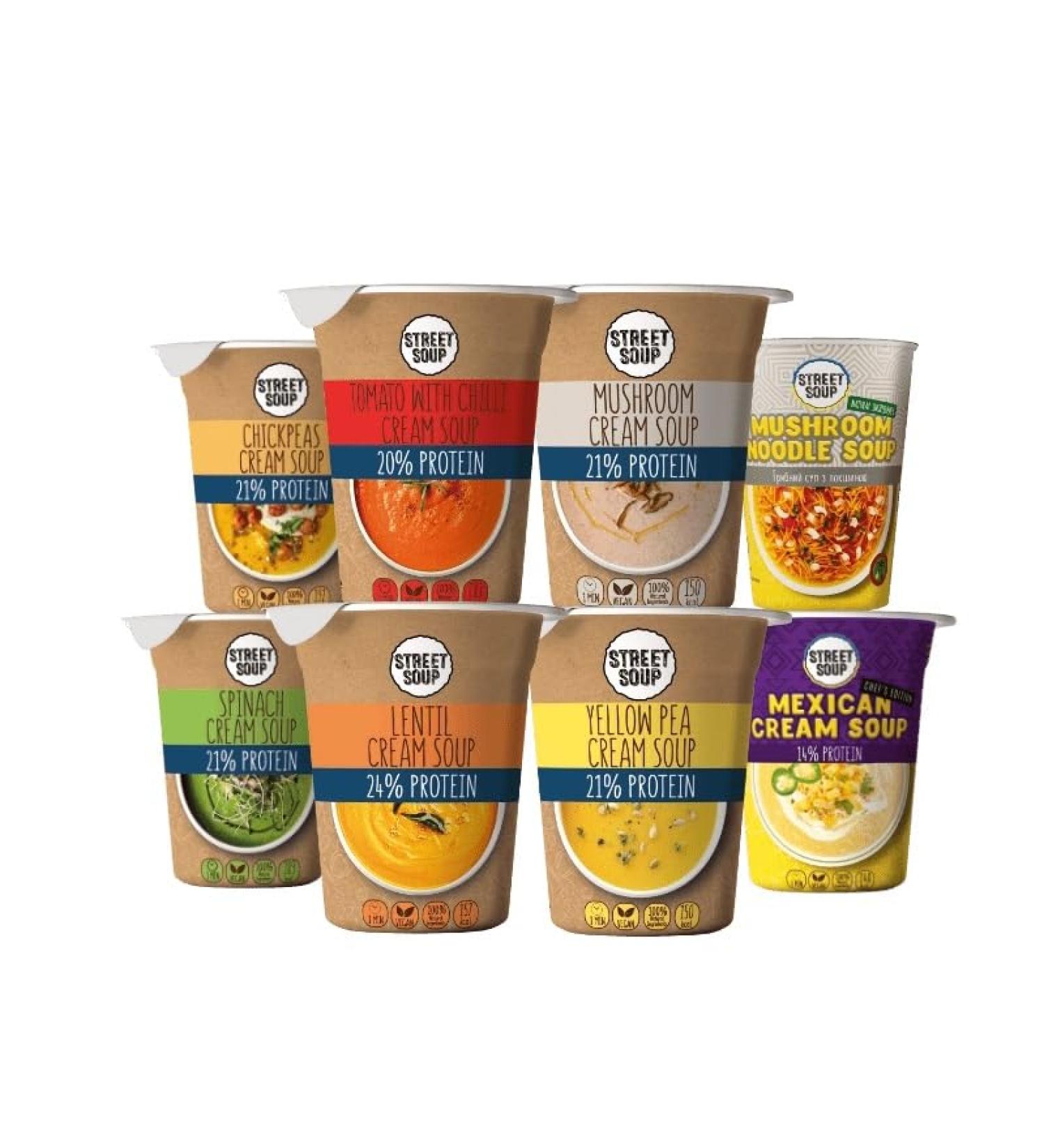Protein Instant Soup Tasting Package | 8x50g Vegan Low Carb Cream Soups | 20% Protein | Natural Ingredients | Ready-to-Eat Meal Set - Buy Online on GoSupps.com
