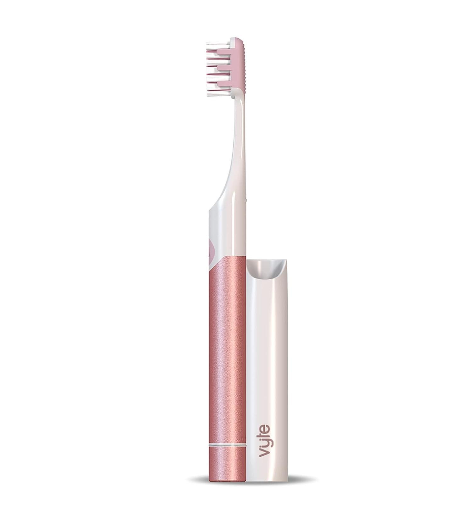 Vyte Electric Toothbrush - Aluminum AAA Battery Powered Travel Toothbrush with Pressure Sensor for Men Women & Kids - Rose Gold Starter Set (Pack of 1 - Buy Online on GoSupps.com
