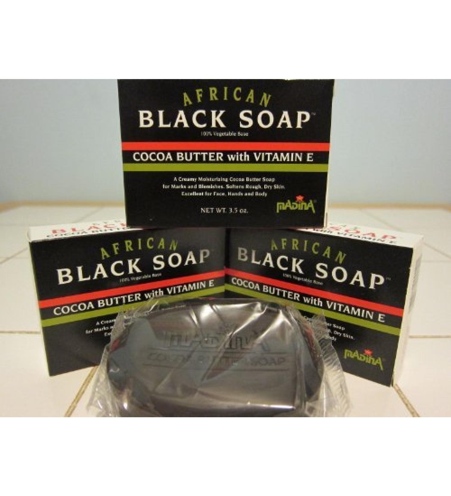 Madina African Black Soap Cocoa Butter with Vitamin E (Pack of 3) 3.5oz Each by Mayflower Wellness